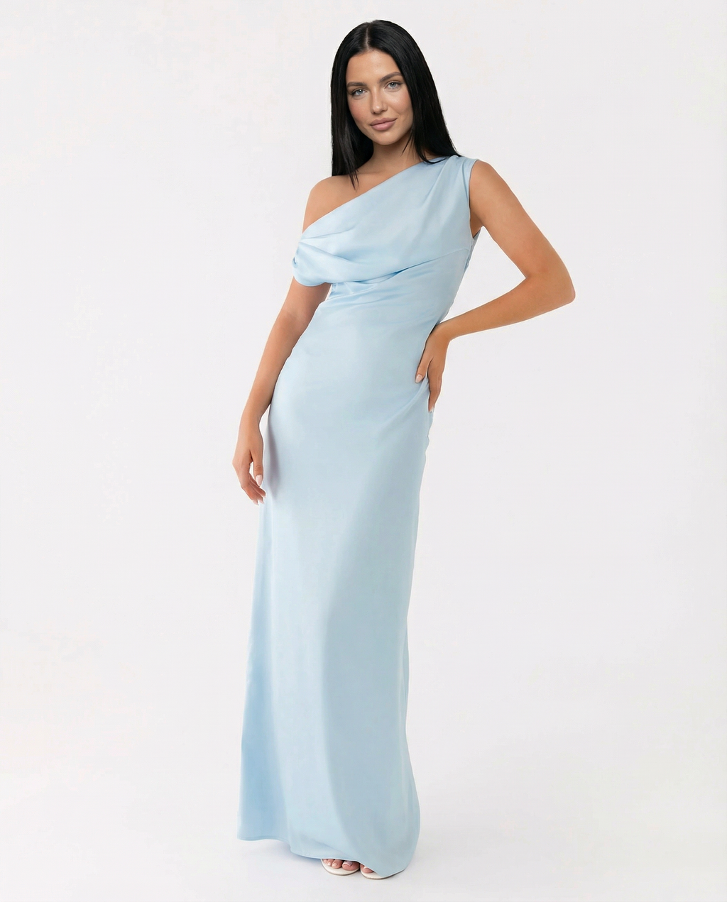 Satin Finish Dress With One-Shoulder Neckline Evening
