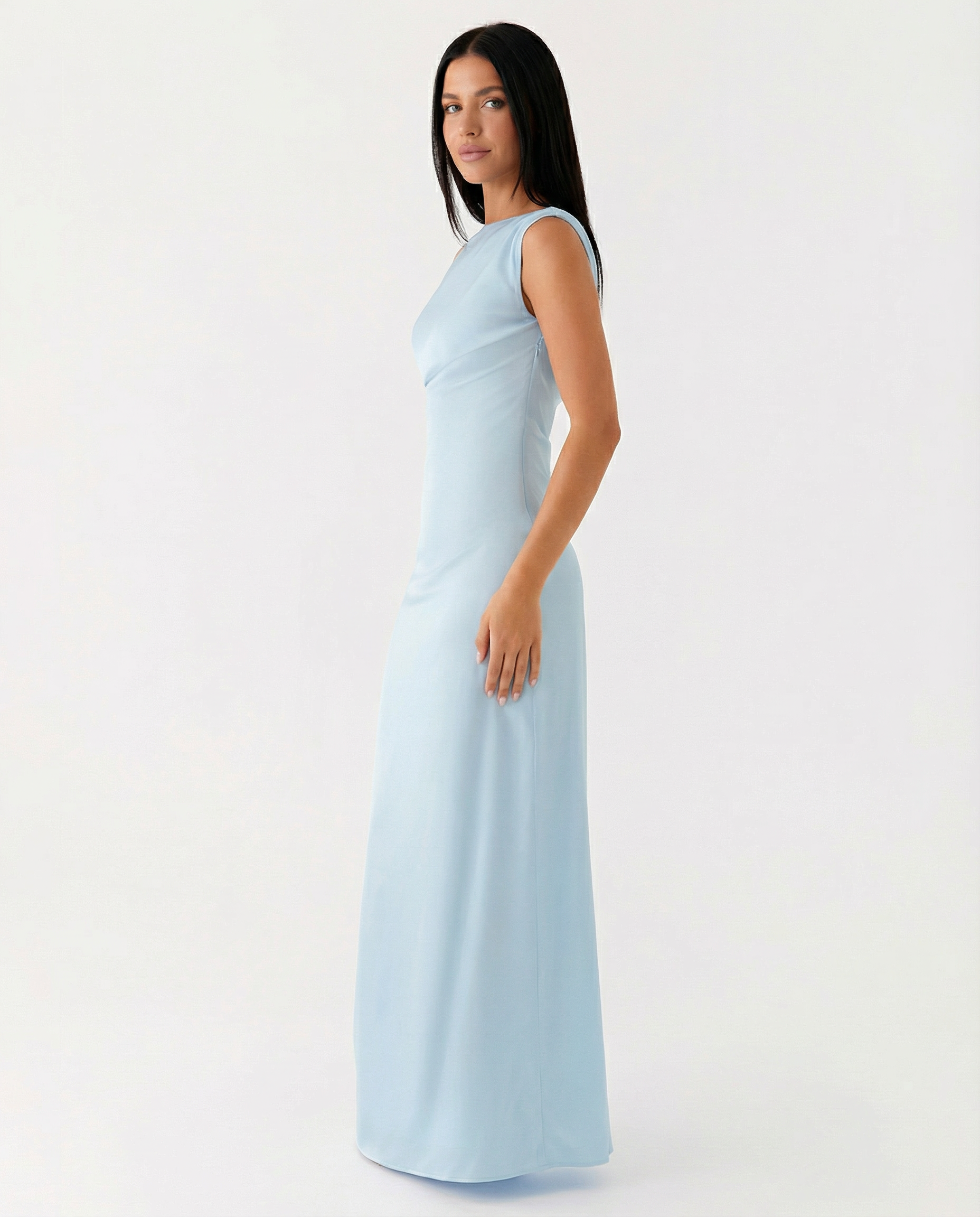 Satin Finish Dress With One-Shoulder Neckline Evening