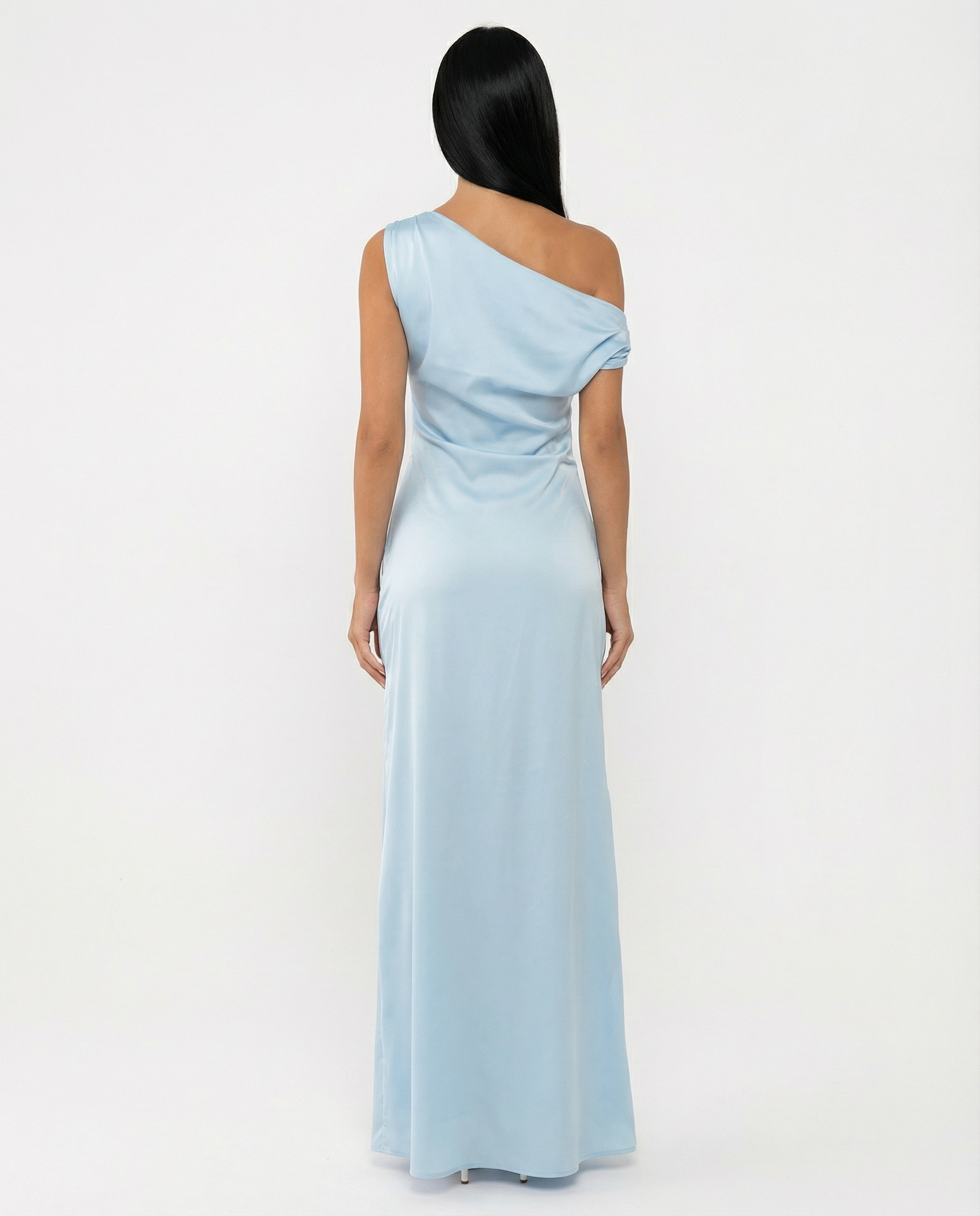 Satin Finish Dress With One-Shoulder Neckline Evening
