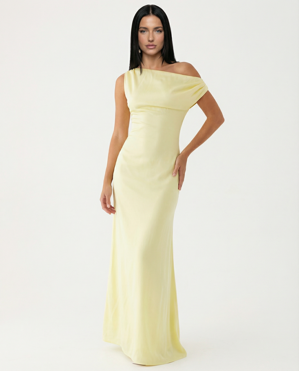 Satin Finish Dress With One-Shoulder Neckline Evening