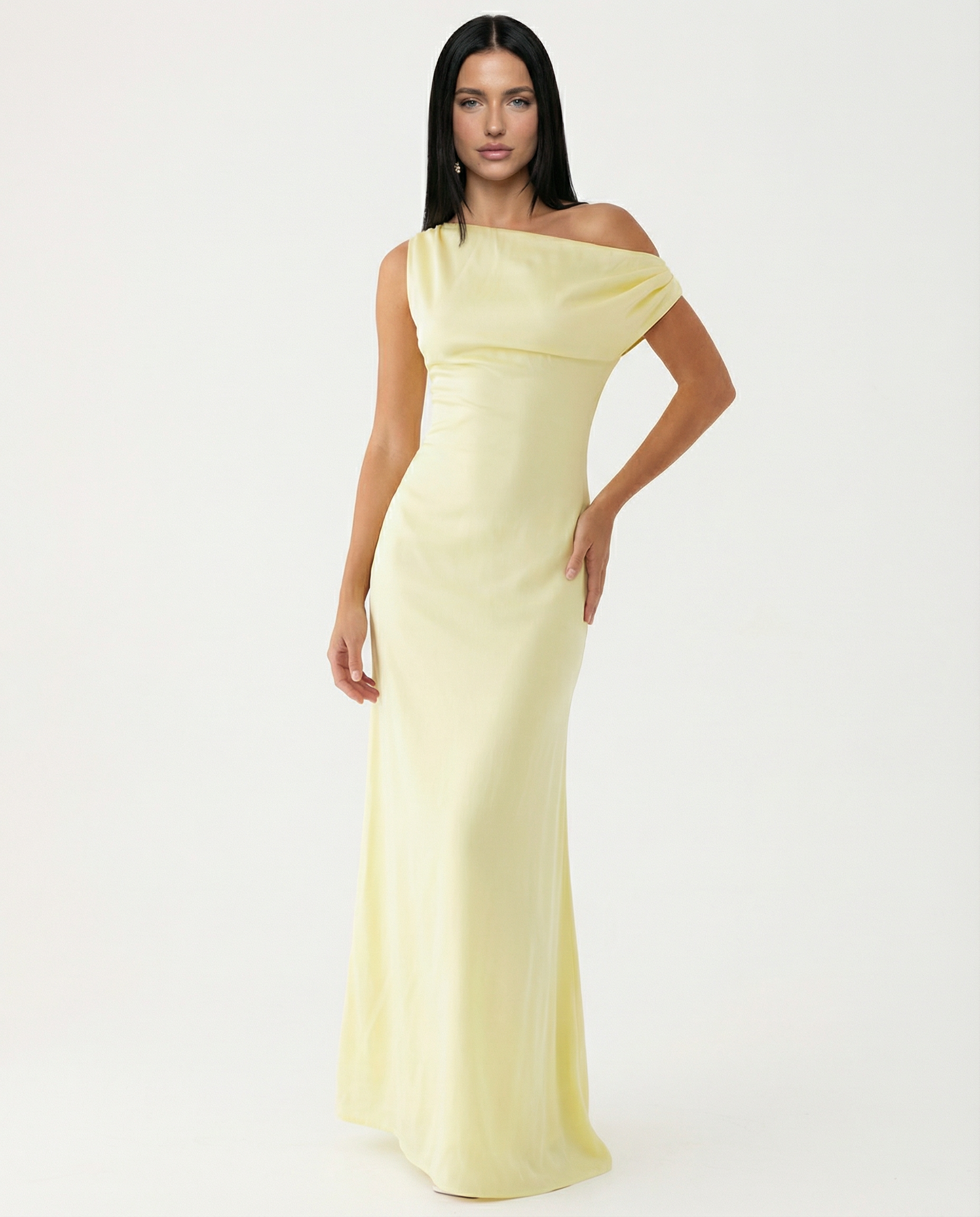 Satin Finish Dress With One-Shoulder Neckline Evening