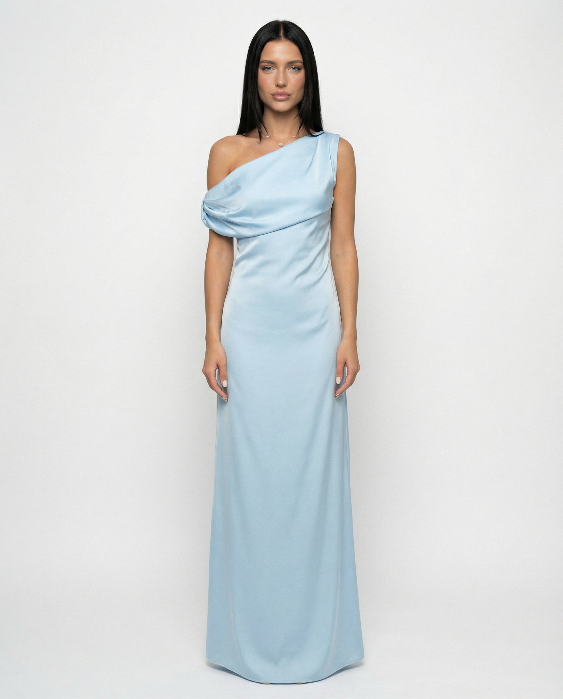 Satin Finish Dress With One-Shoulder Neckline Evening