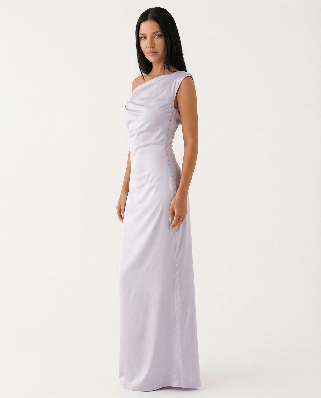 Satin Finish Dress With One-Shoulder Neckline Evening