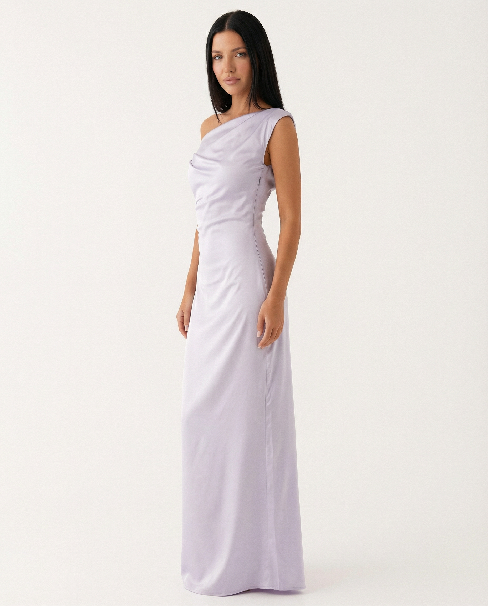 Satin Finish Dress With One-Shoulder Neckline Evening