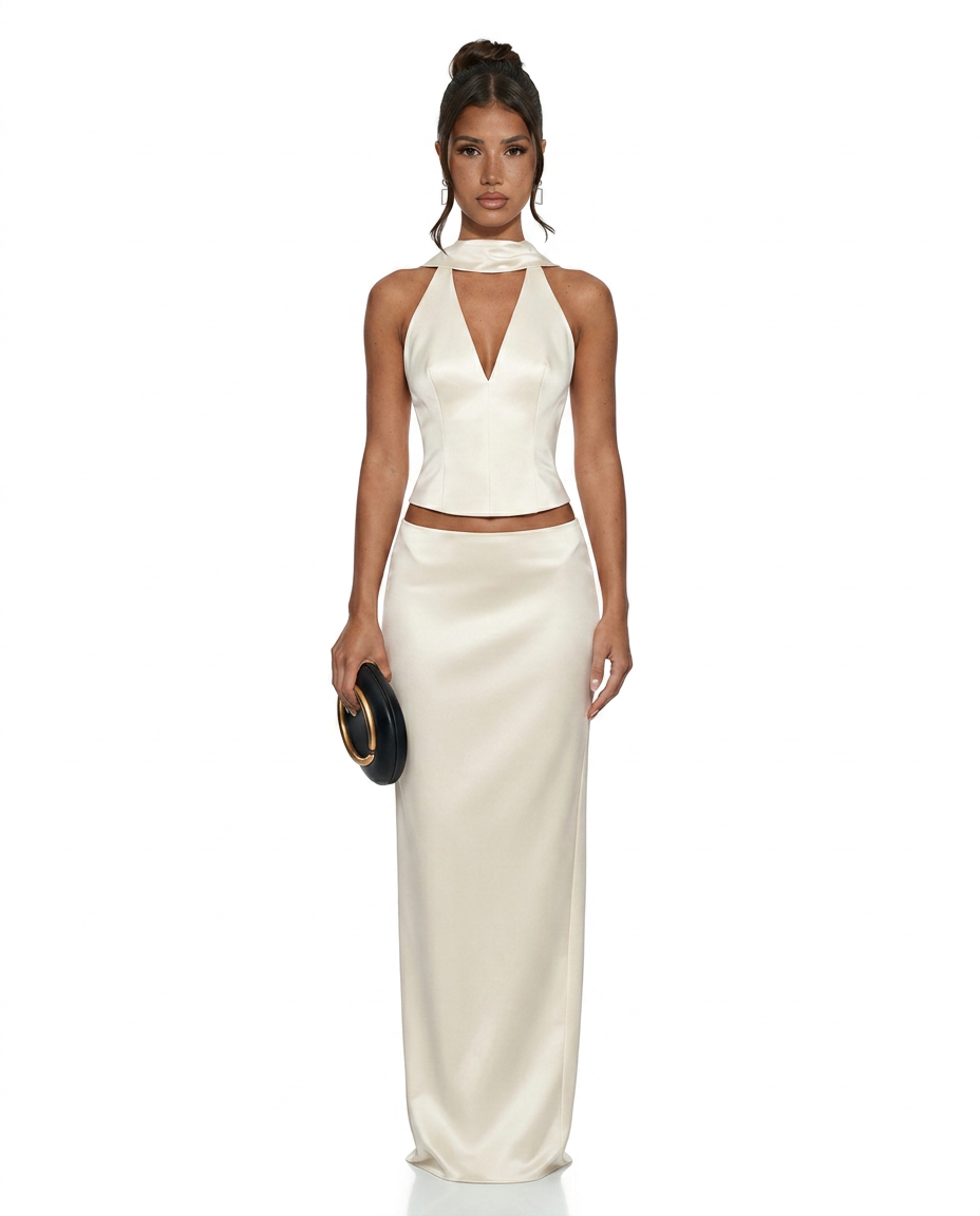 Silky Satin-Look Dress With Halter Neckline Corset-Style Formal