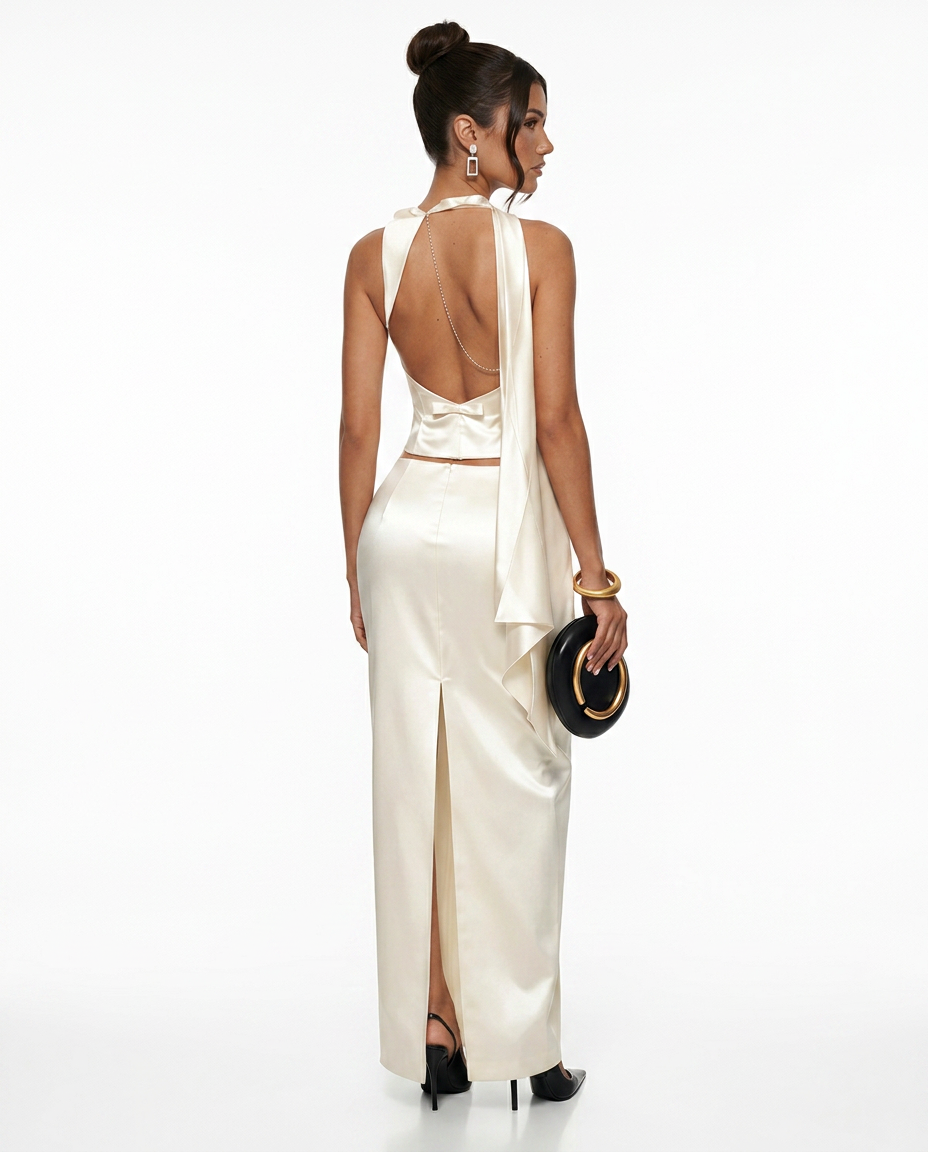 Silky Satin-Look Dress With Halter Neckline Corset-Style Formal