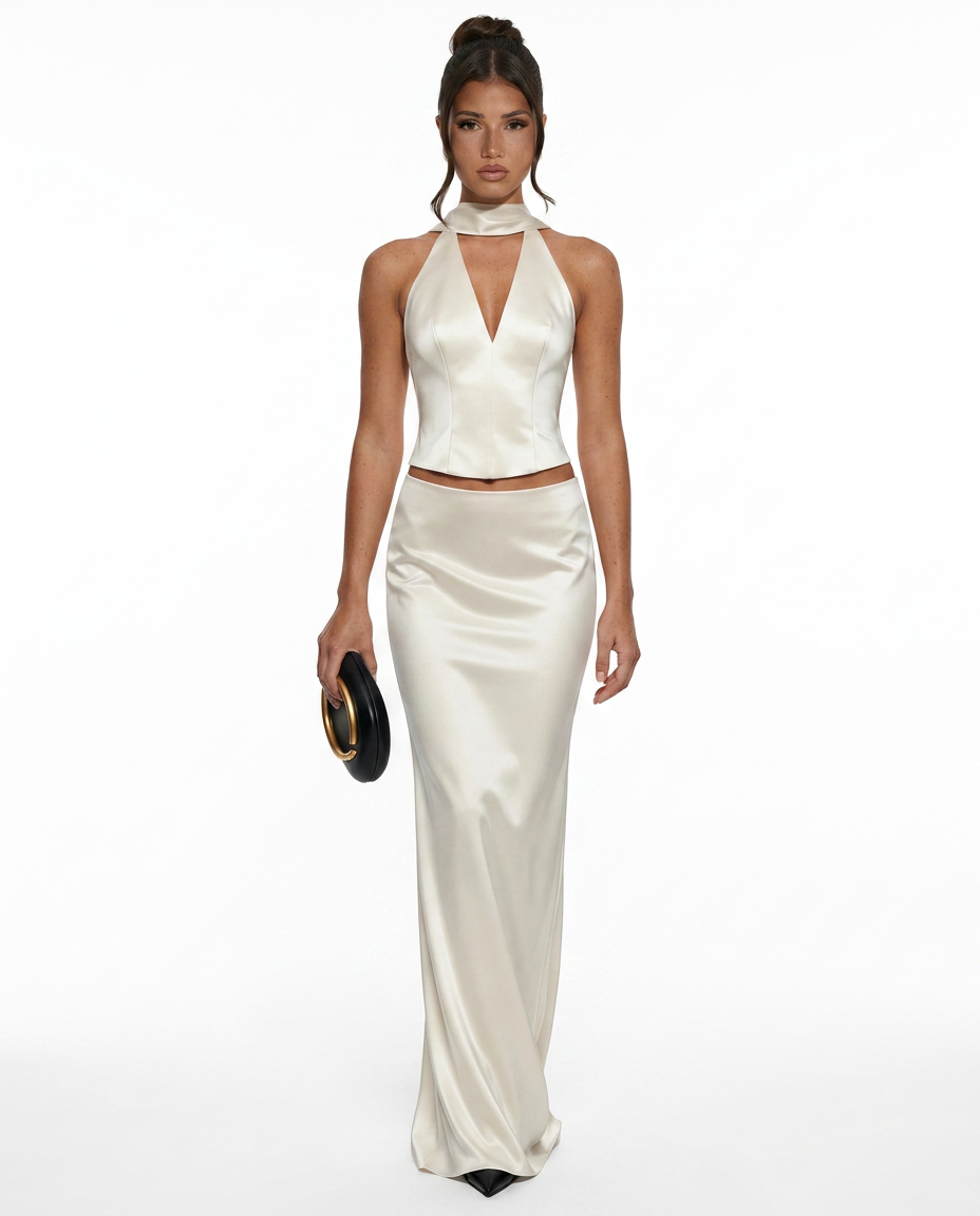 Silky Satin-Look Dress With Halter Neckline Corset-Style Formal