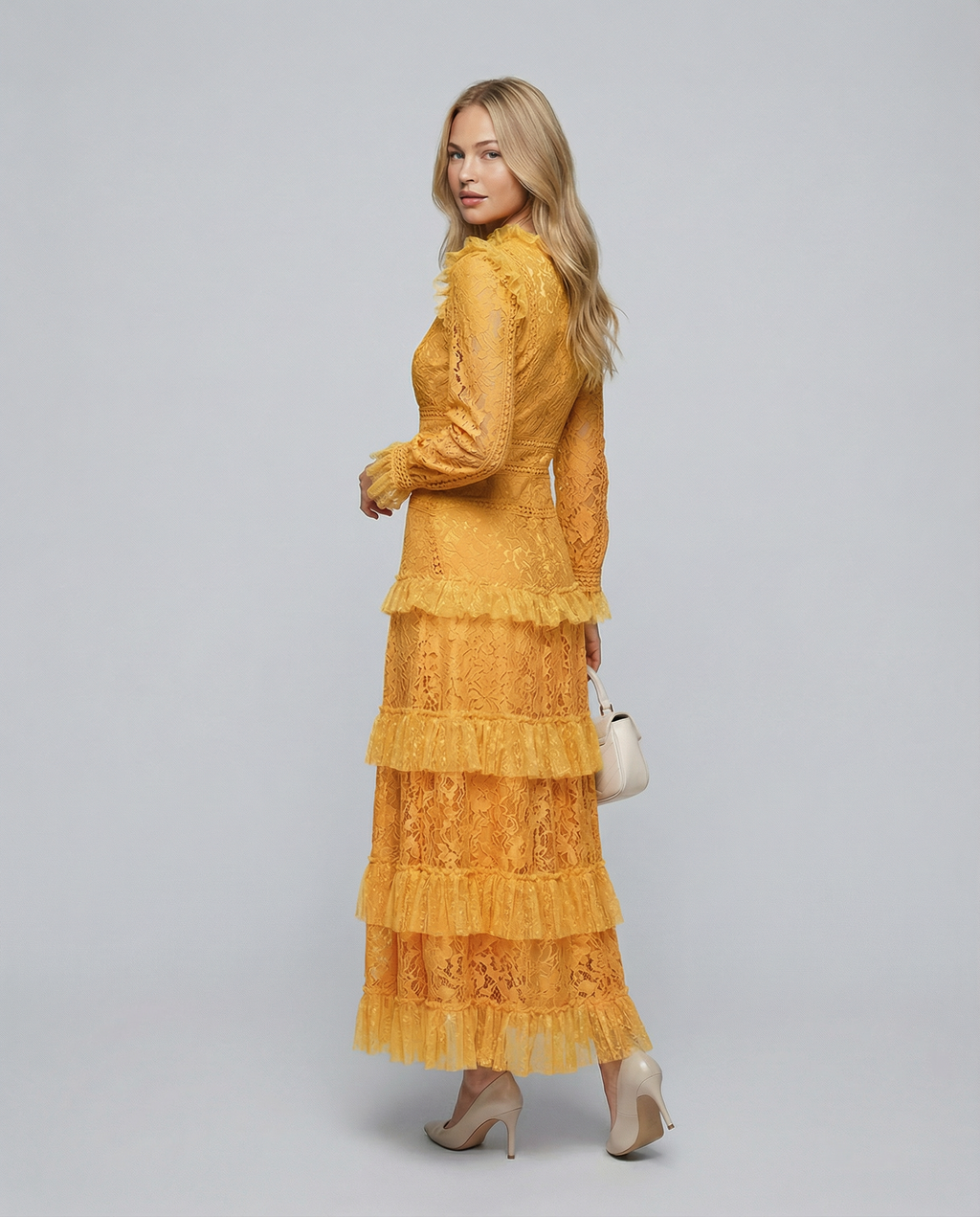 Silky Lace Long Sleeve Tiered Layered Evening