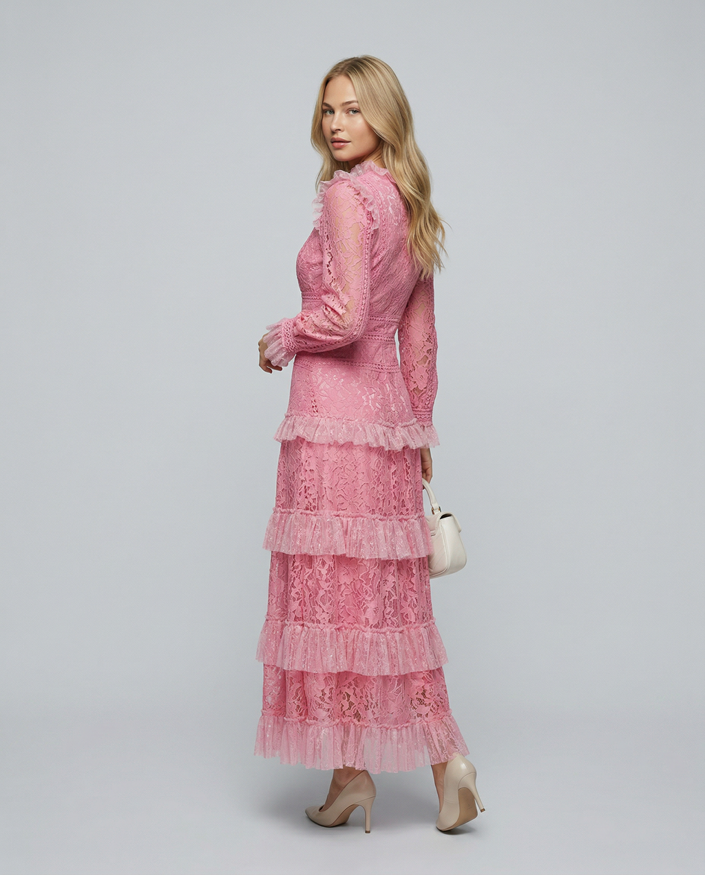 Silky Lace Long Sleeve Tiered Layered Evening