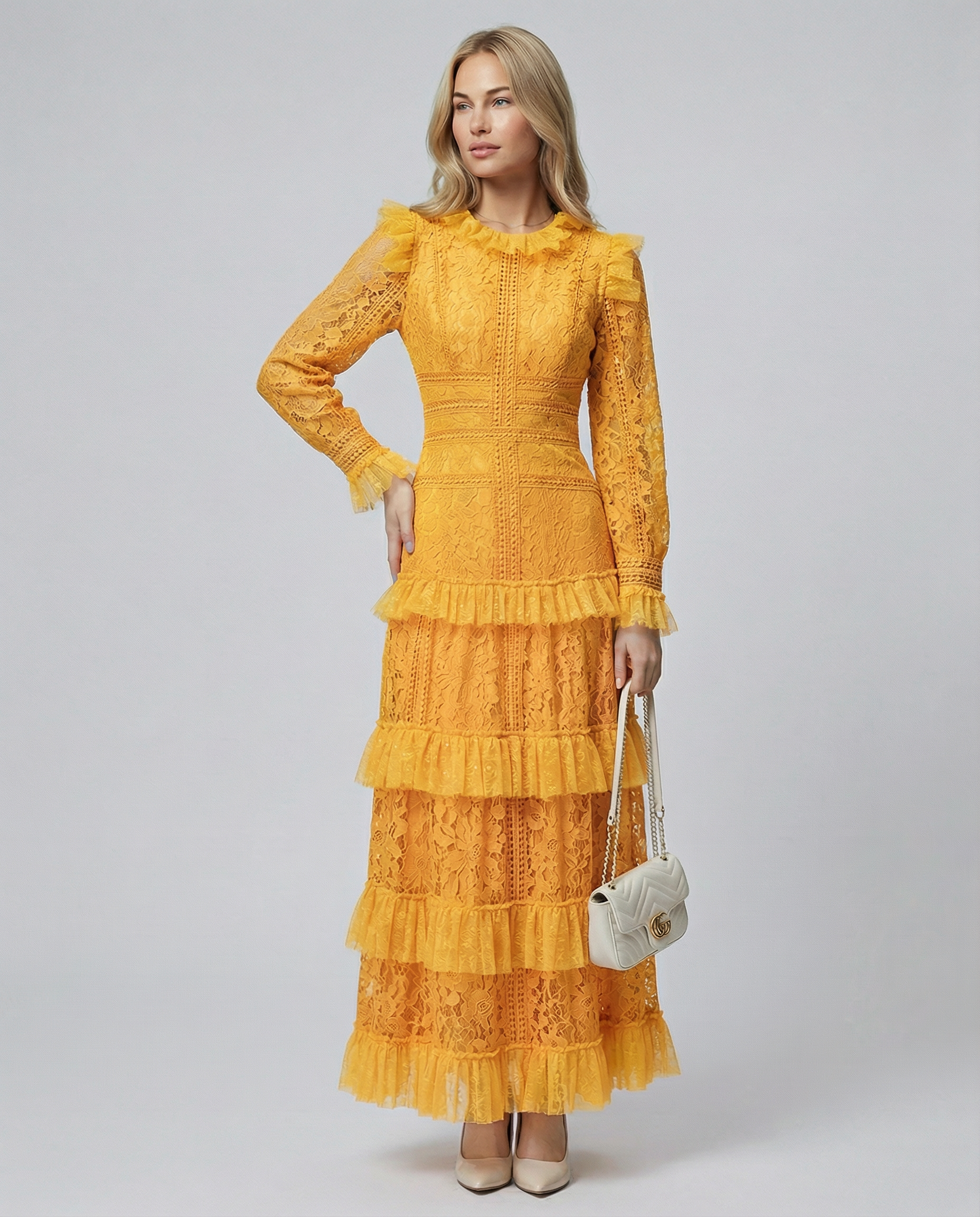 Silky Lace Long Sleeve Tiered Layered Evening