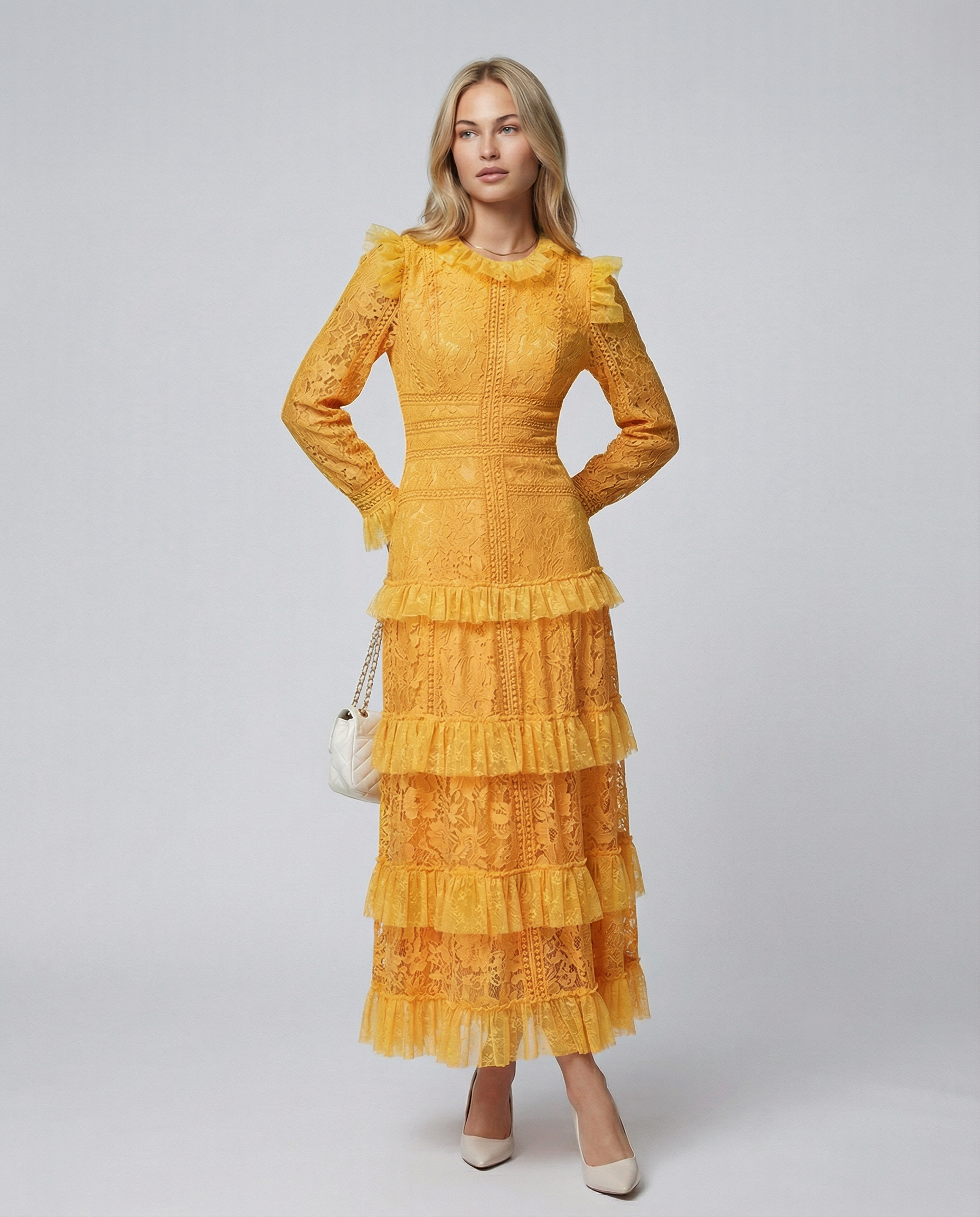 Silky Lace Long Sleeve Tiered Layered Evening
