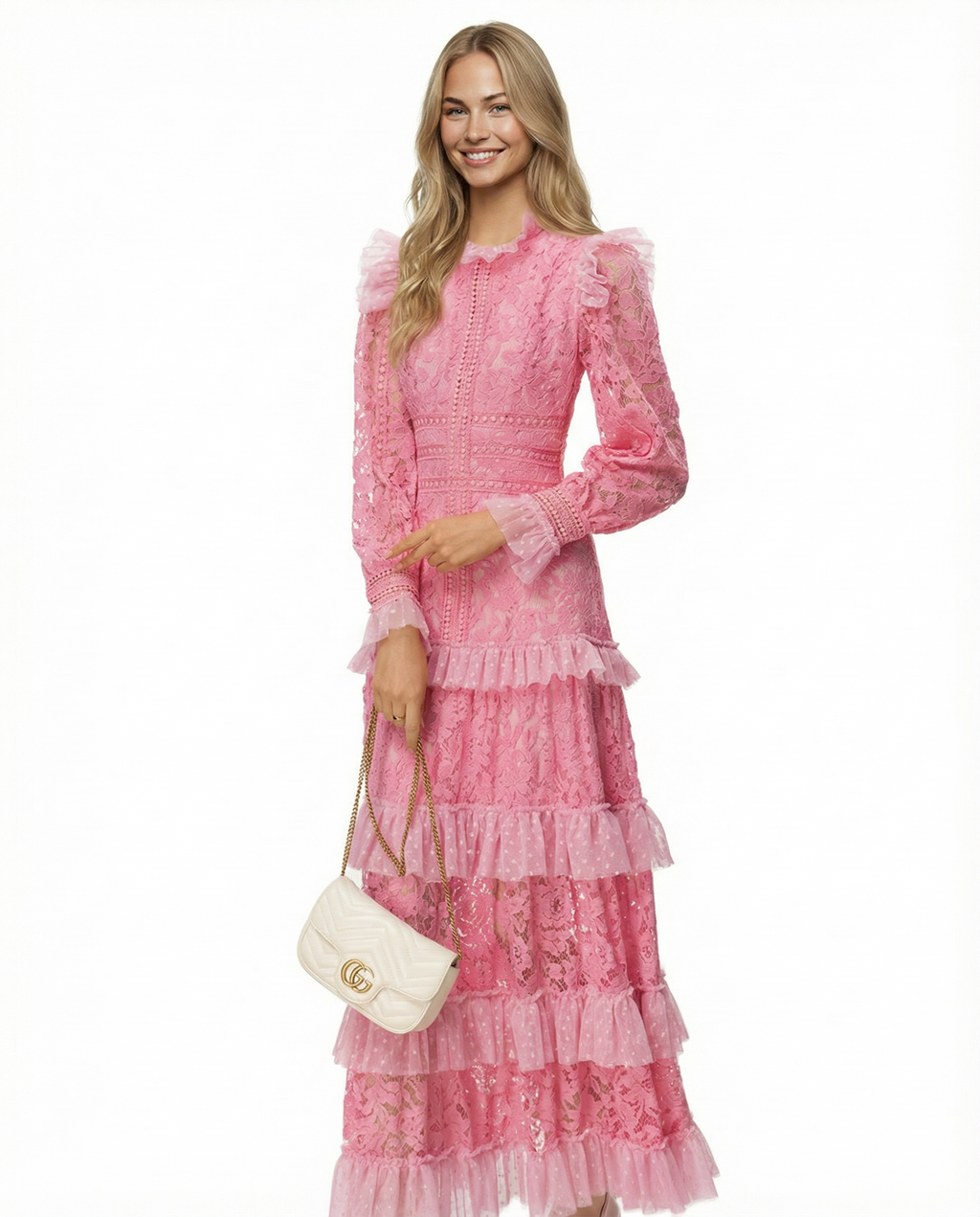 Silky Lace Long Sleeve Tiered Layered Evening