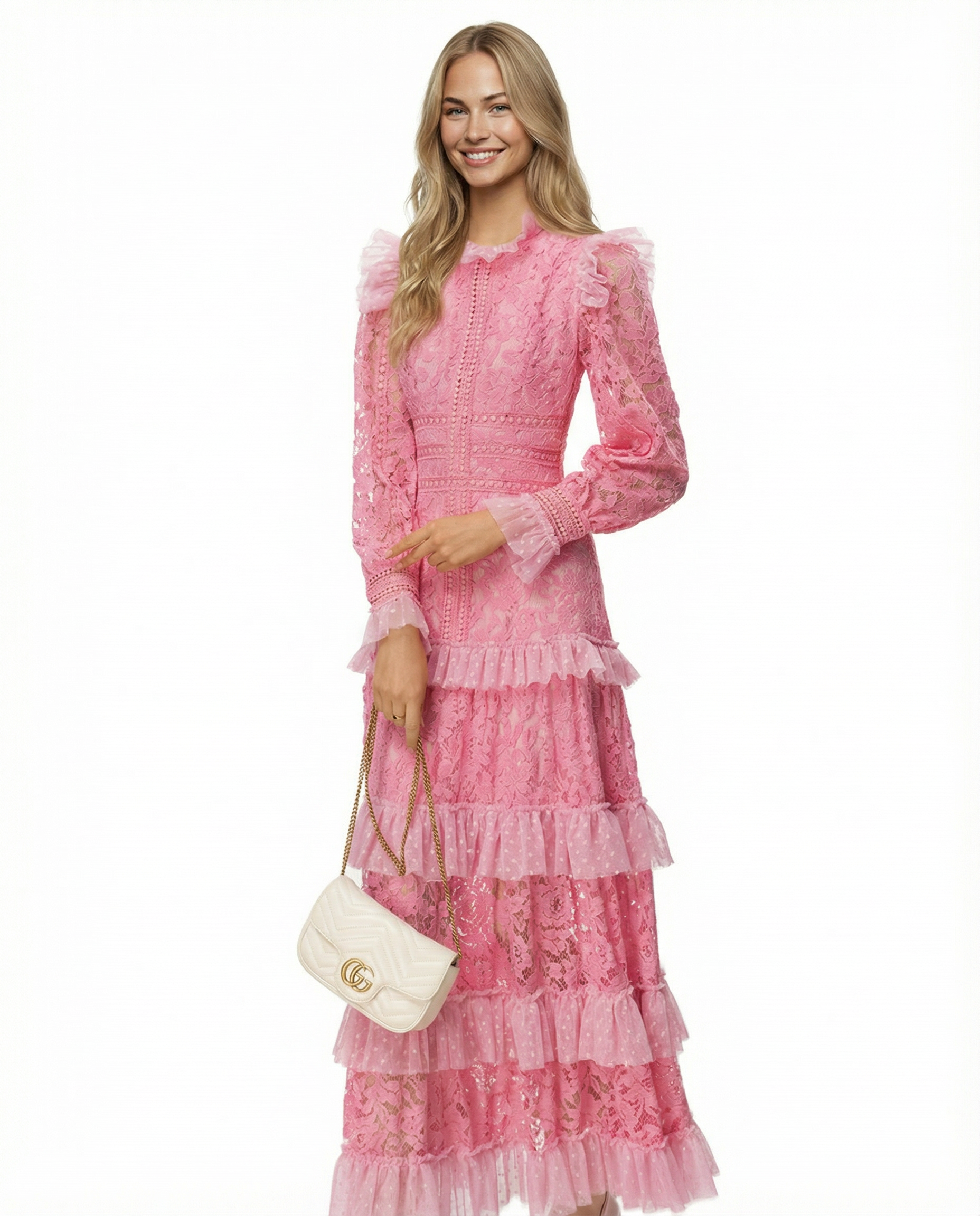 Silky Lace Long Sleeve Tiered Layered Evening