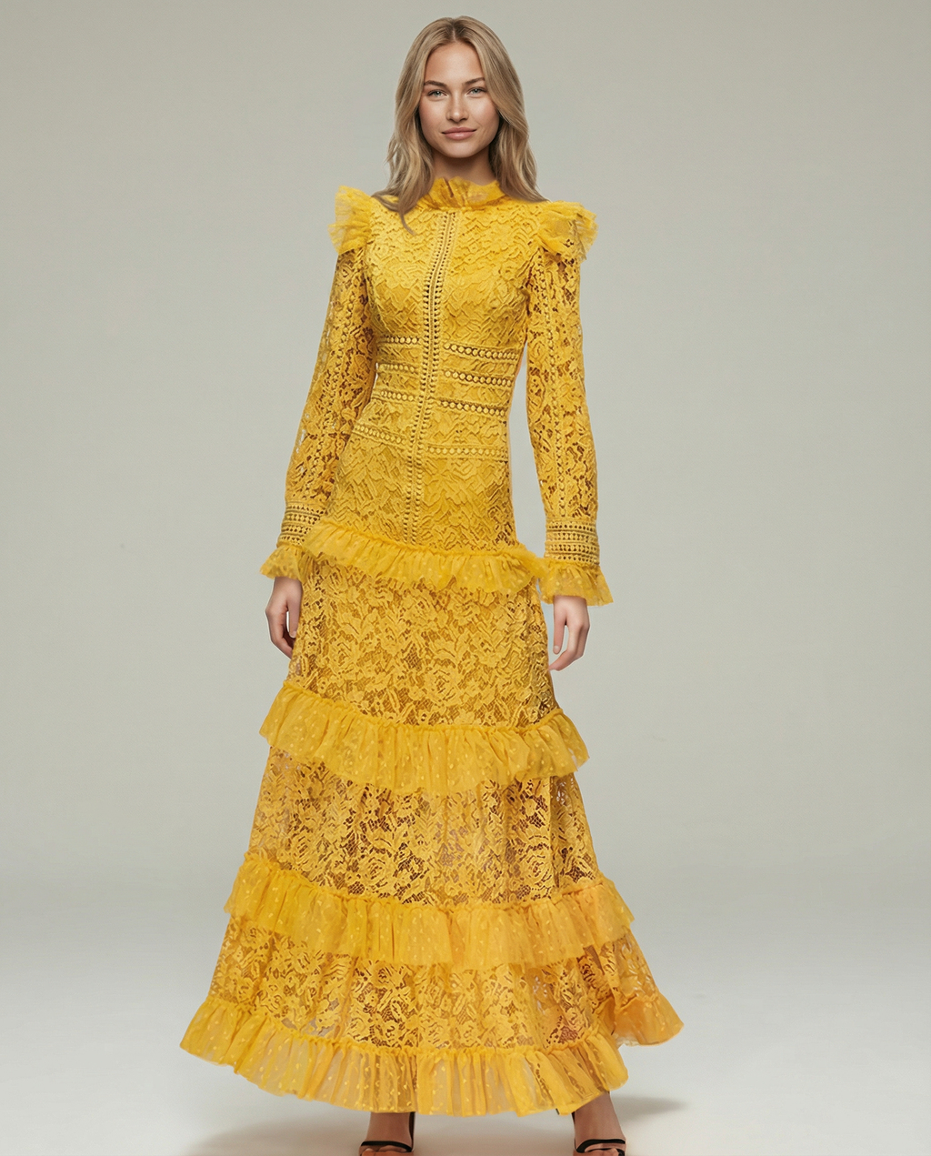 Silky Lace Long Sleeve Tiered Layered Evening