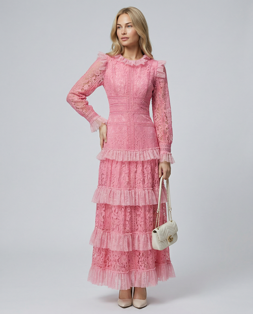 Silky Lace Long Sleeve Tiered Layered Evening