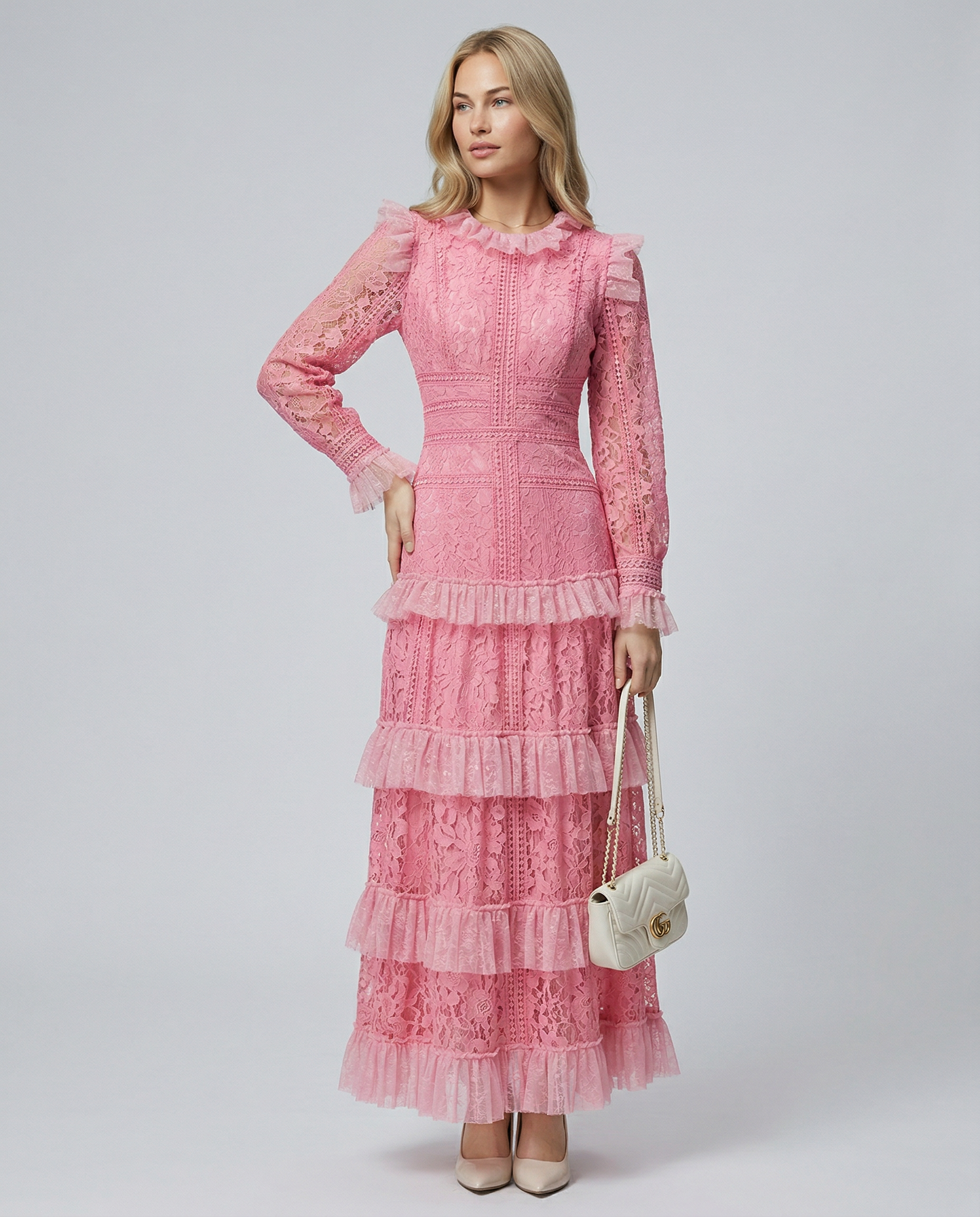 Silky Lace Long Sleeve Tiered Layered Evening