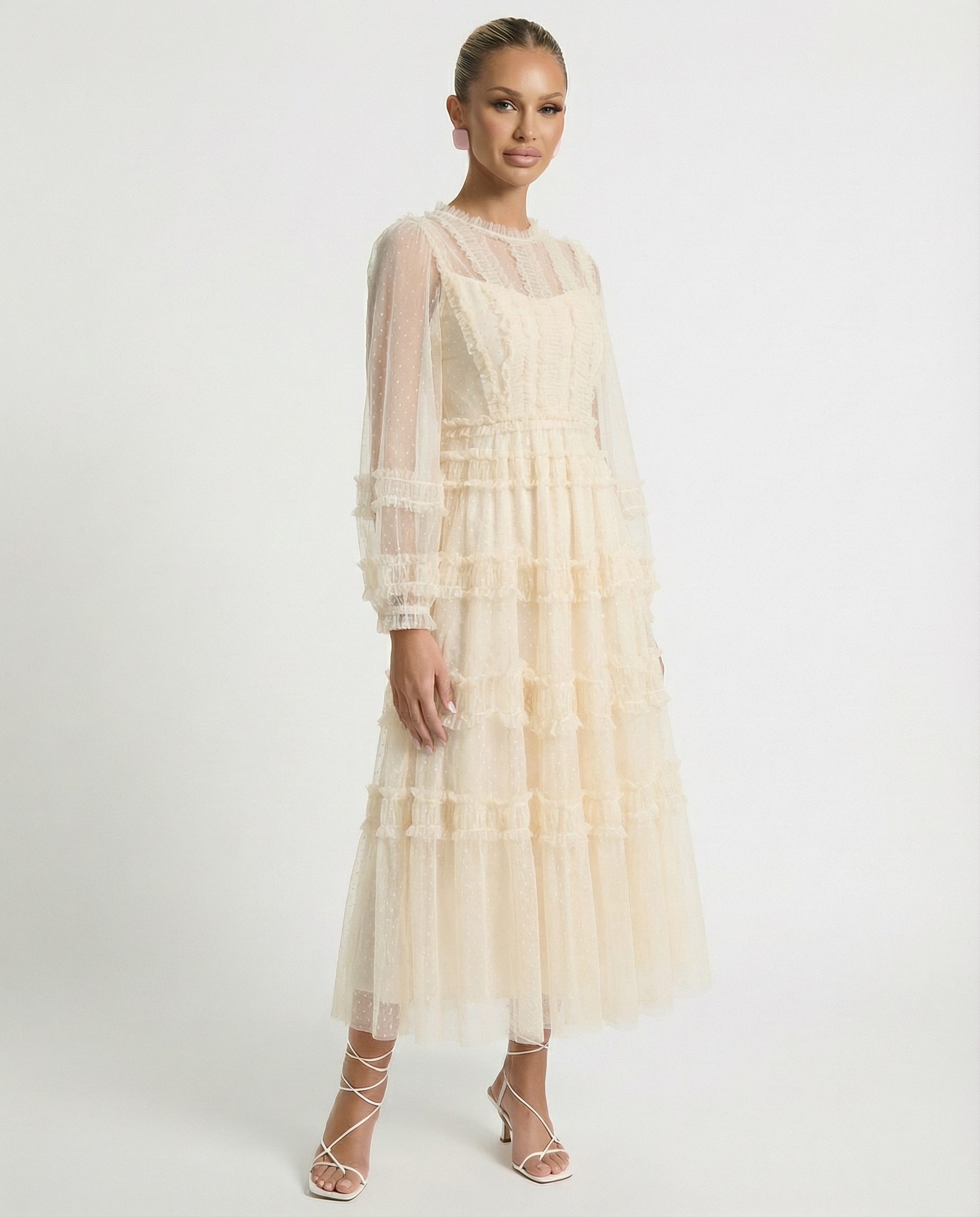 Women's Mesh Long Sleeve Tiered Layered Evening
