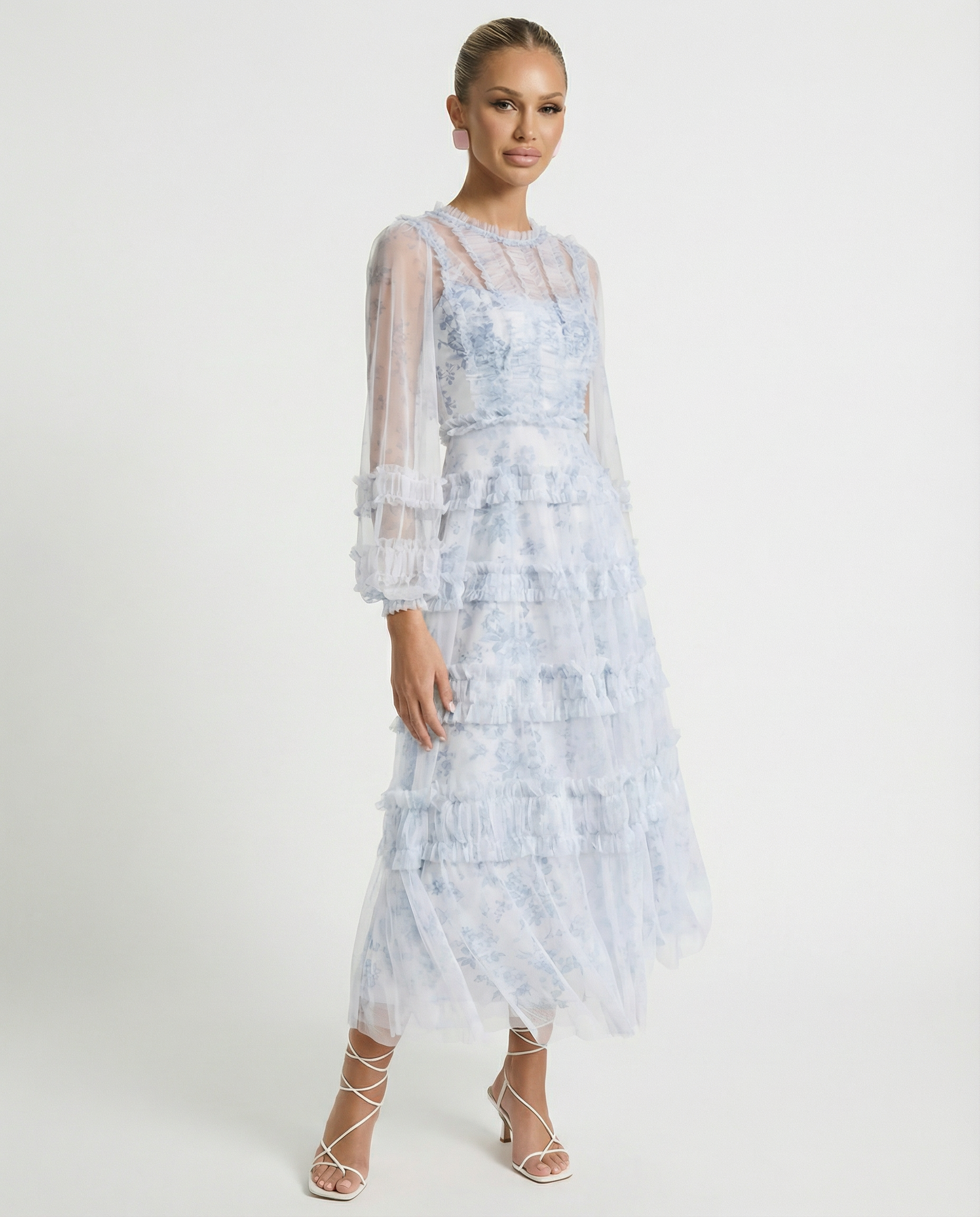 Women's Mesh Long Sleeve Tiered Layered Evening