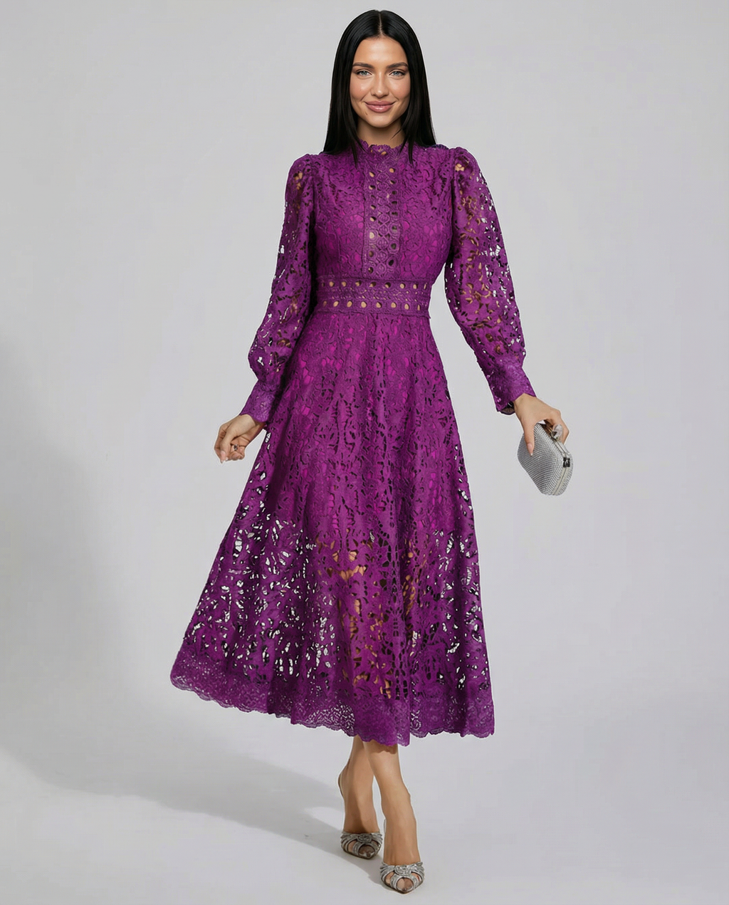 Lace Finish Dress With High Neck Evening Day-to-Night