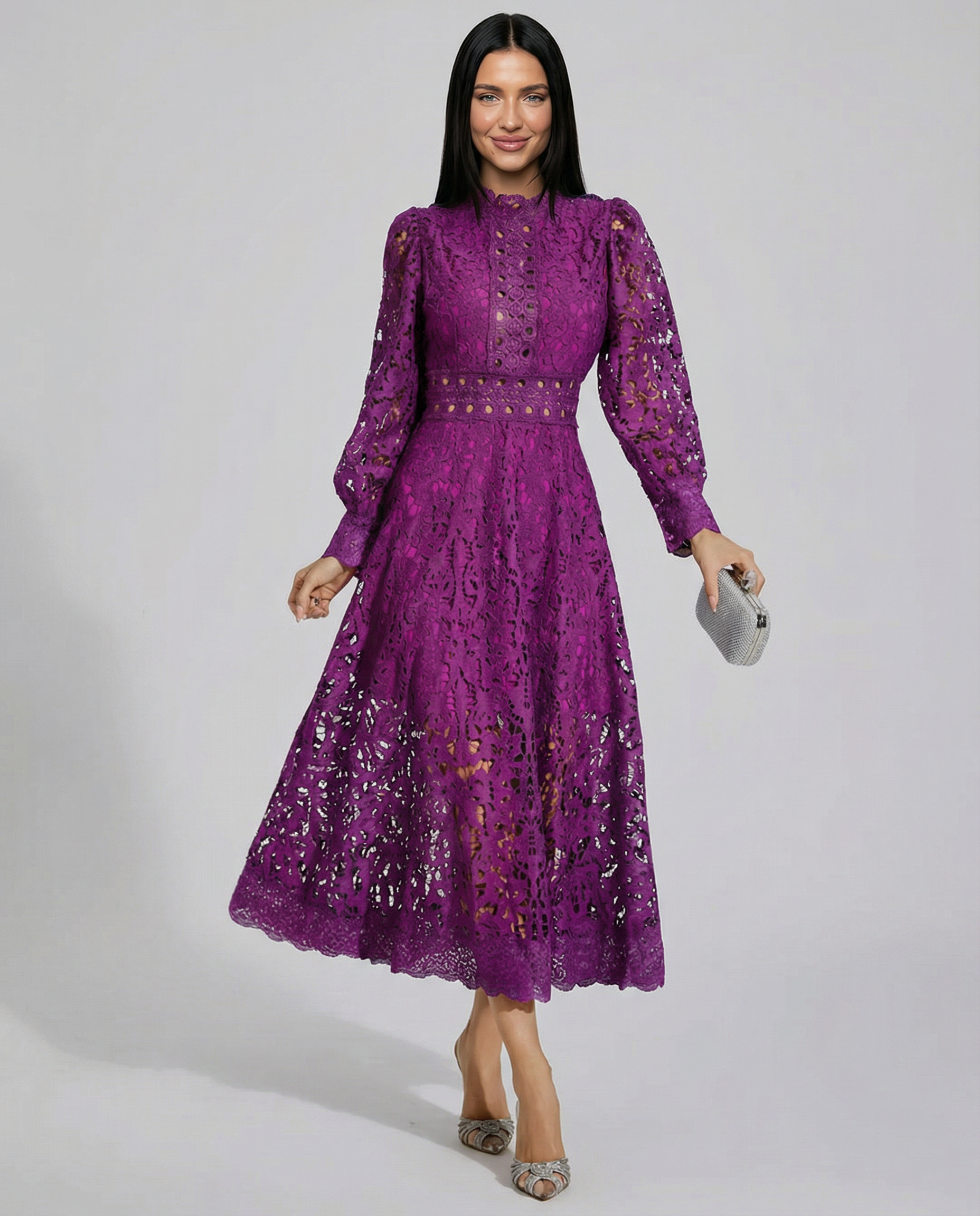 Lace Finish Dress With High Neck Evening Day-to-Night