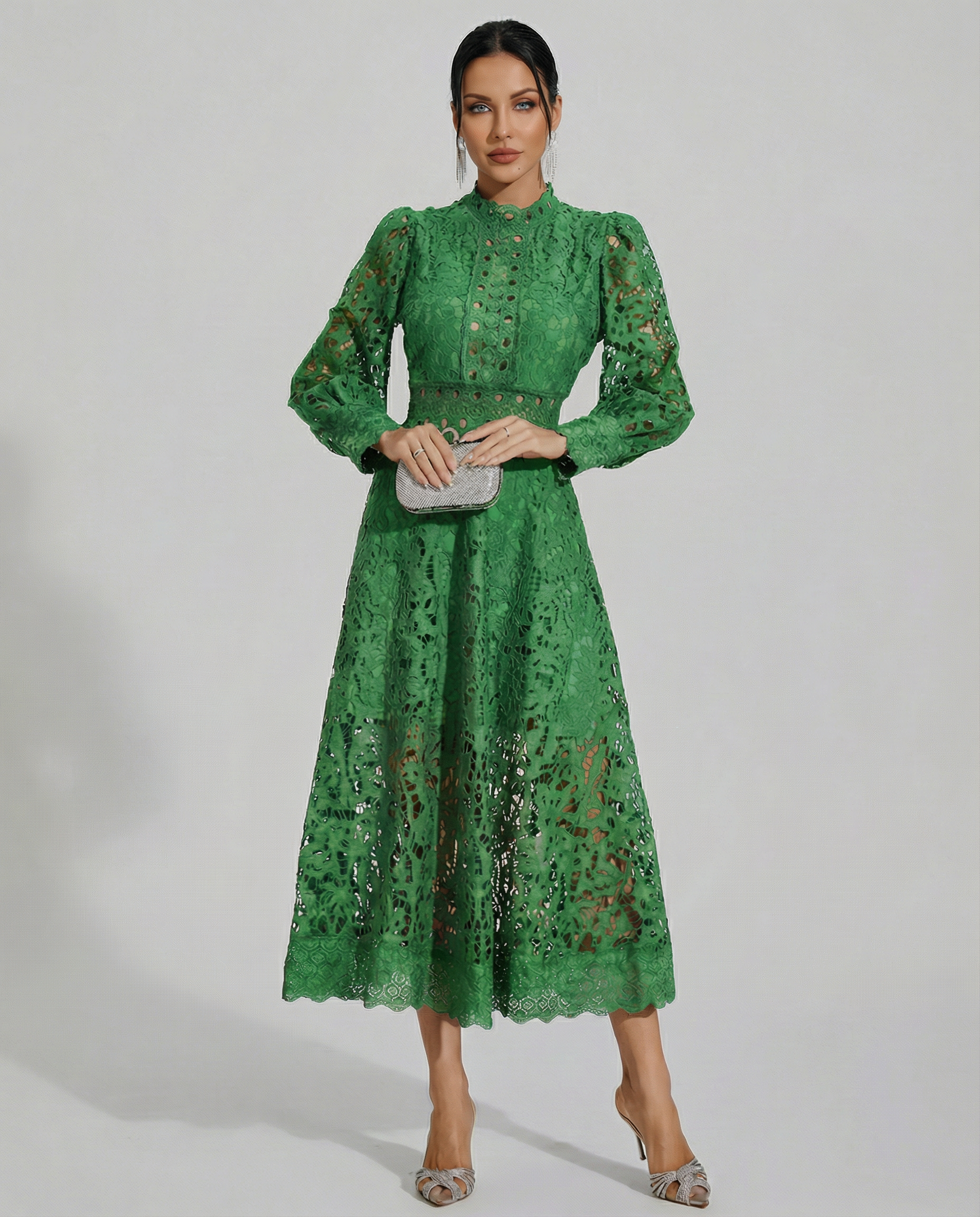 Lace Finish Dress With High Neck Evening Day-to-Night