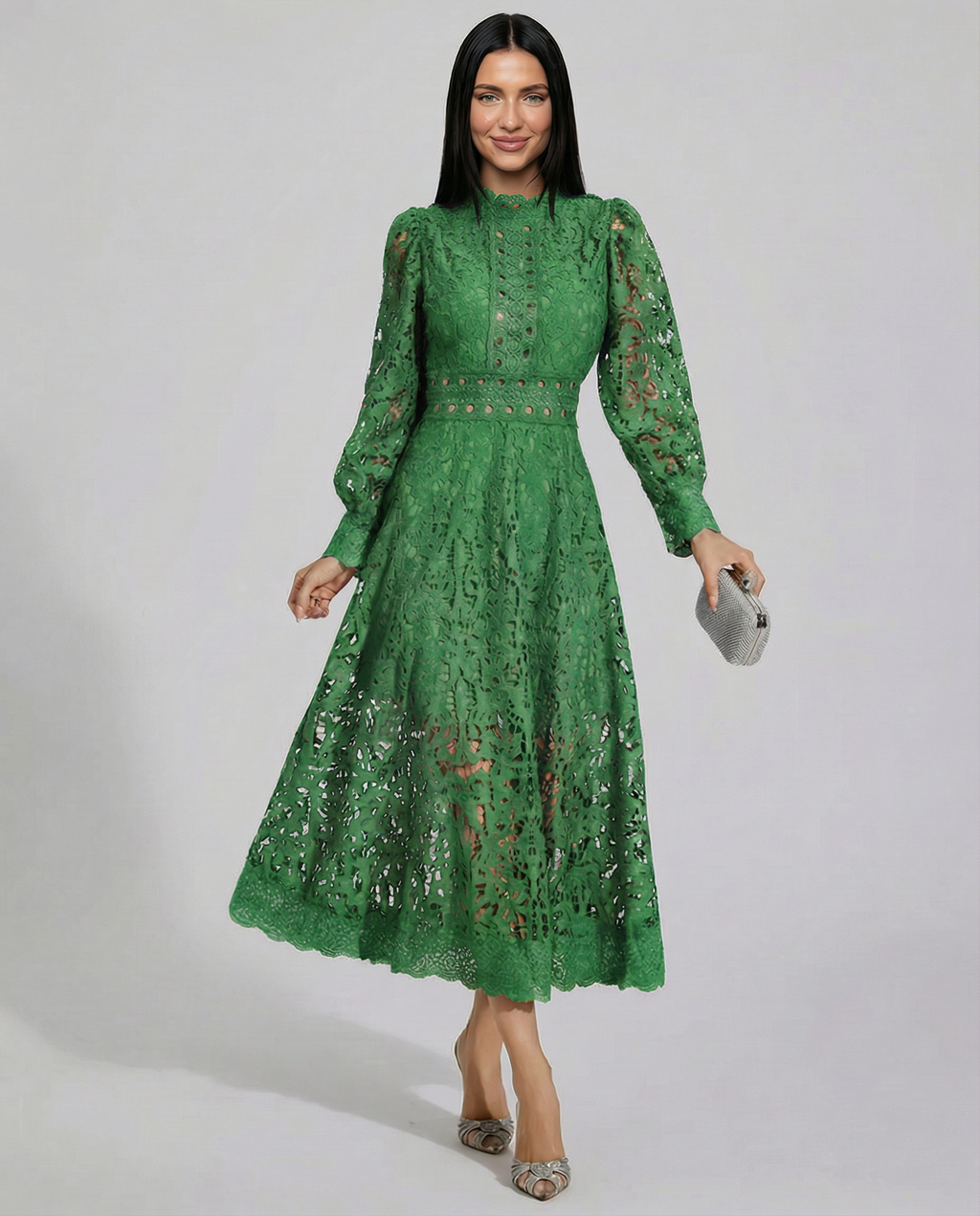 Lace Finish Dress With High Neck Evening Day-to-Night
