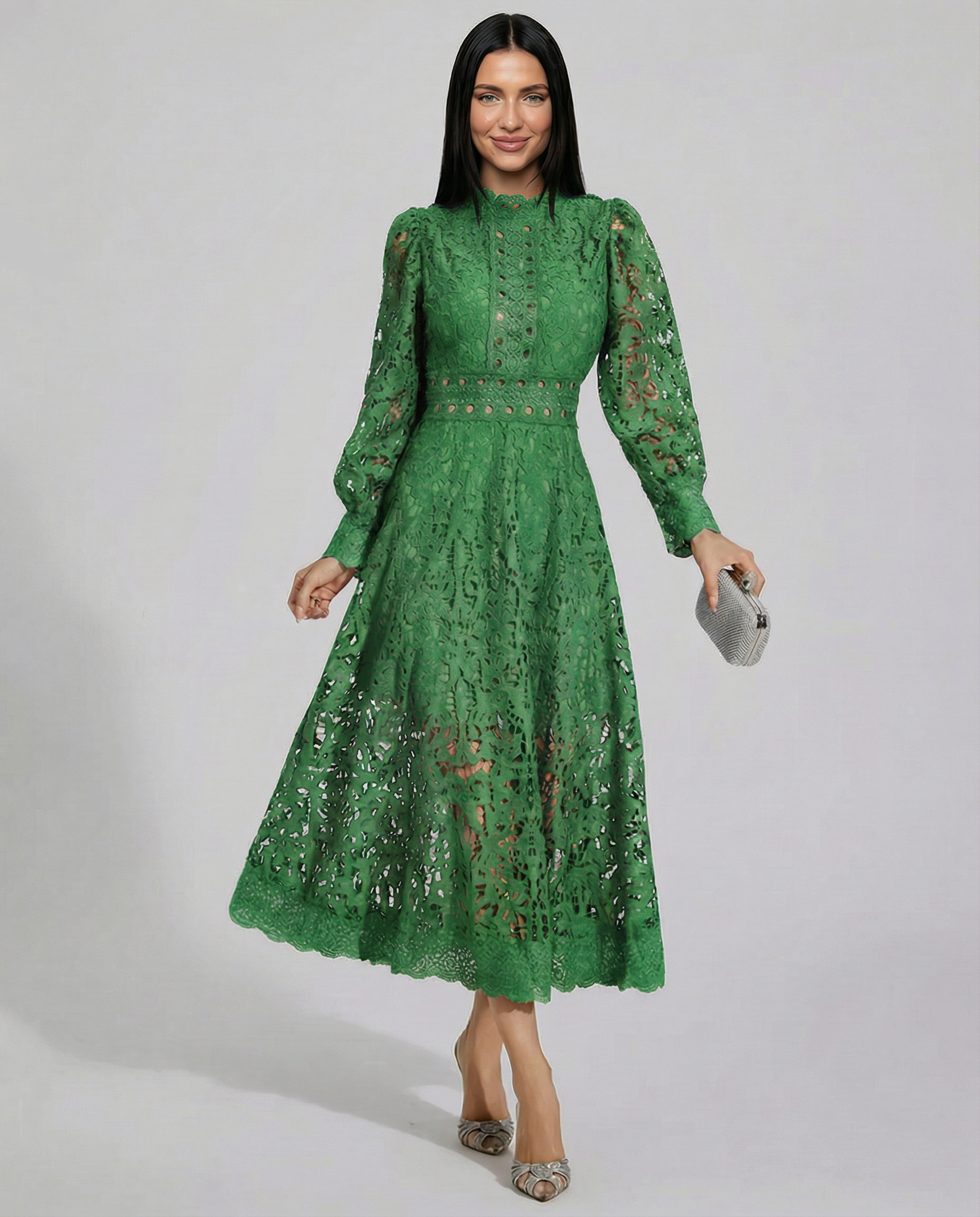 Lace Finish Dress With High Neck Evening Day-to-Night