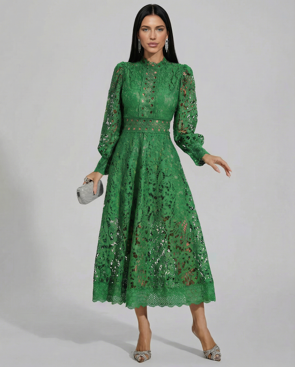 Lace Finish Dress With High Neck Evening Day-to-Night