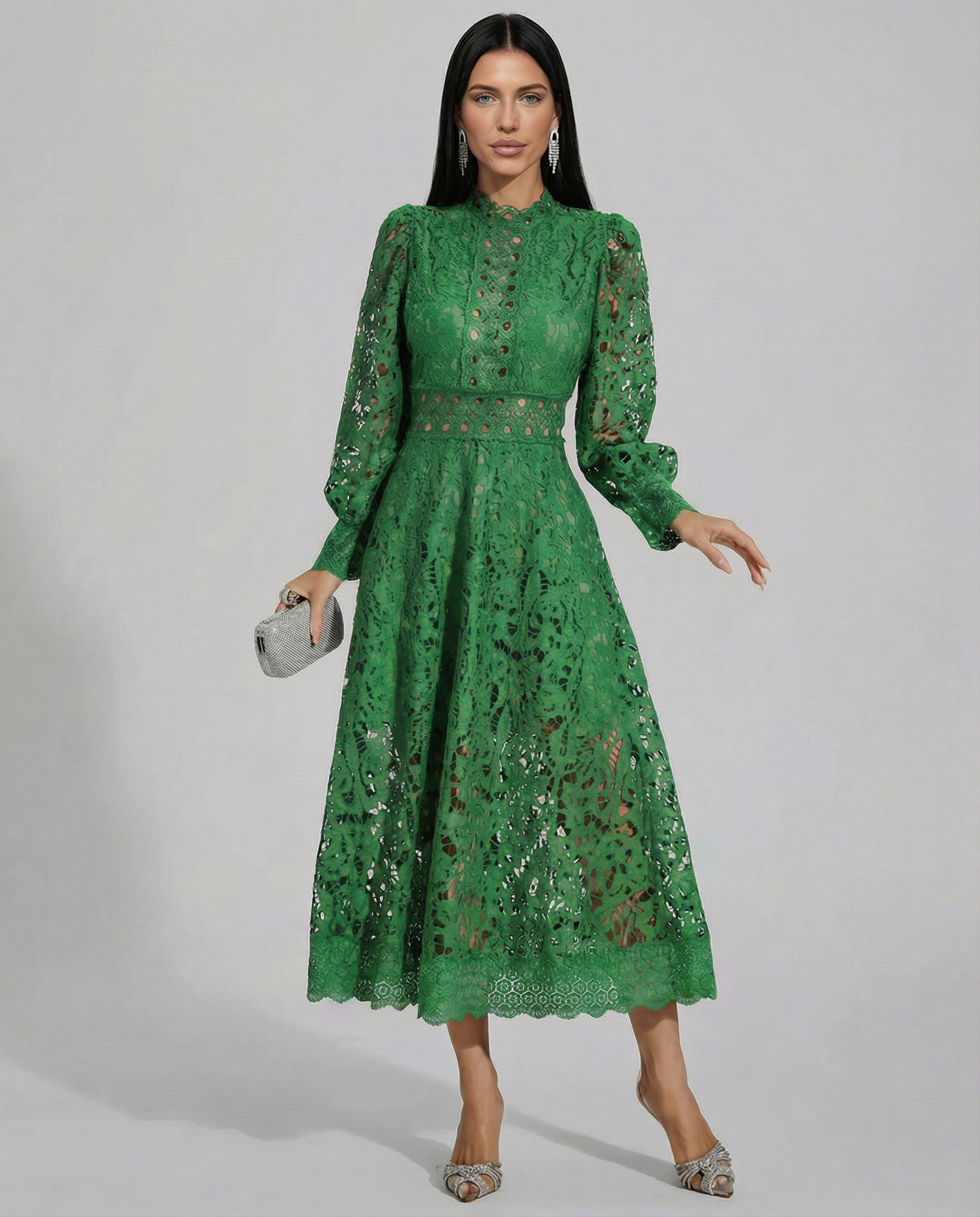 Lace Finish Dress With High Neck Evening Day-to-Night