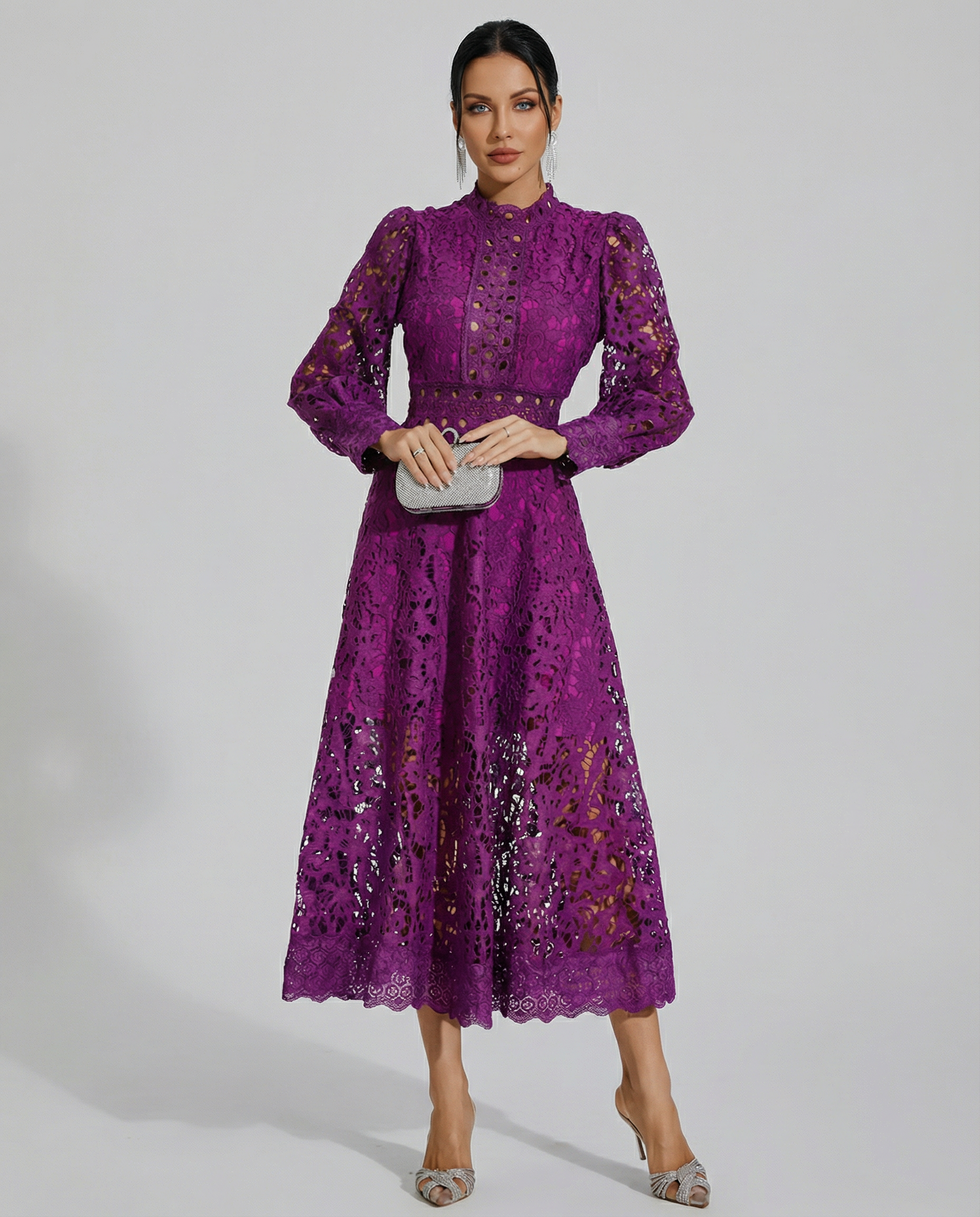 Lace Finish Dress With High Neck Evening Day-to-Night