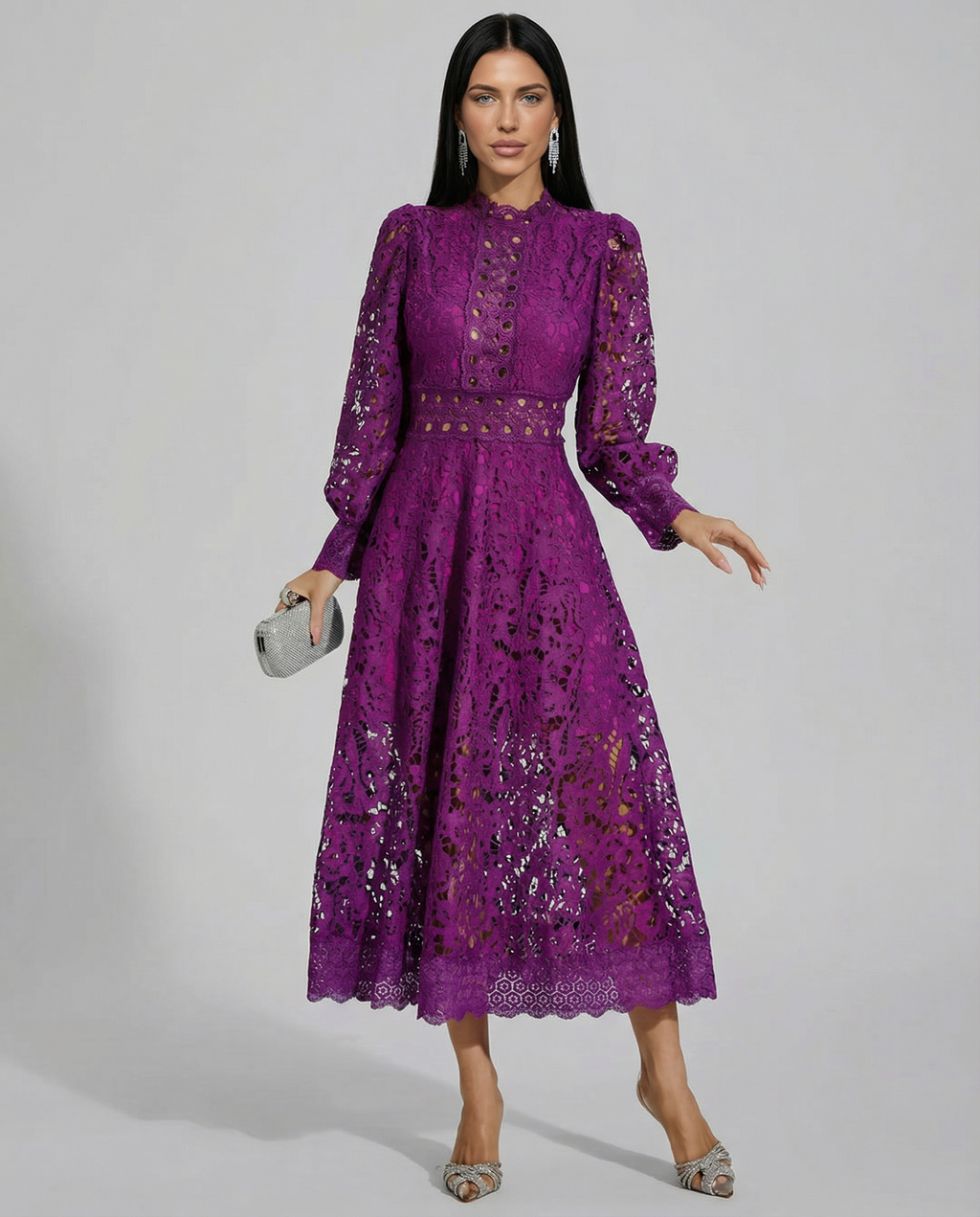 Lace Finish Dress With High Neck Evening Day-to-Night