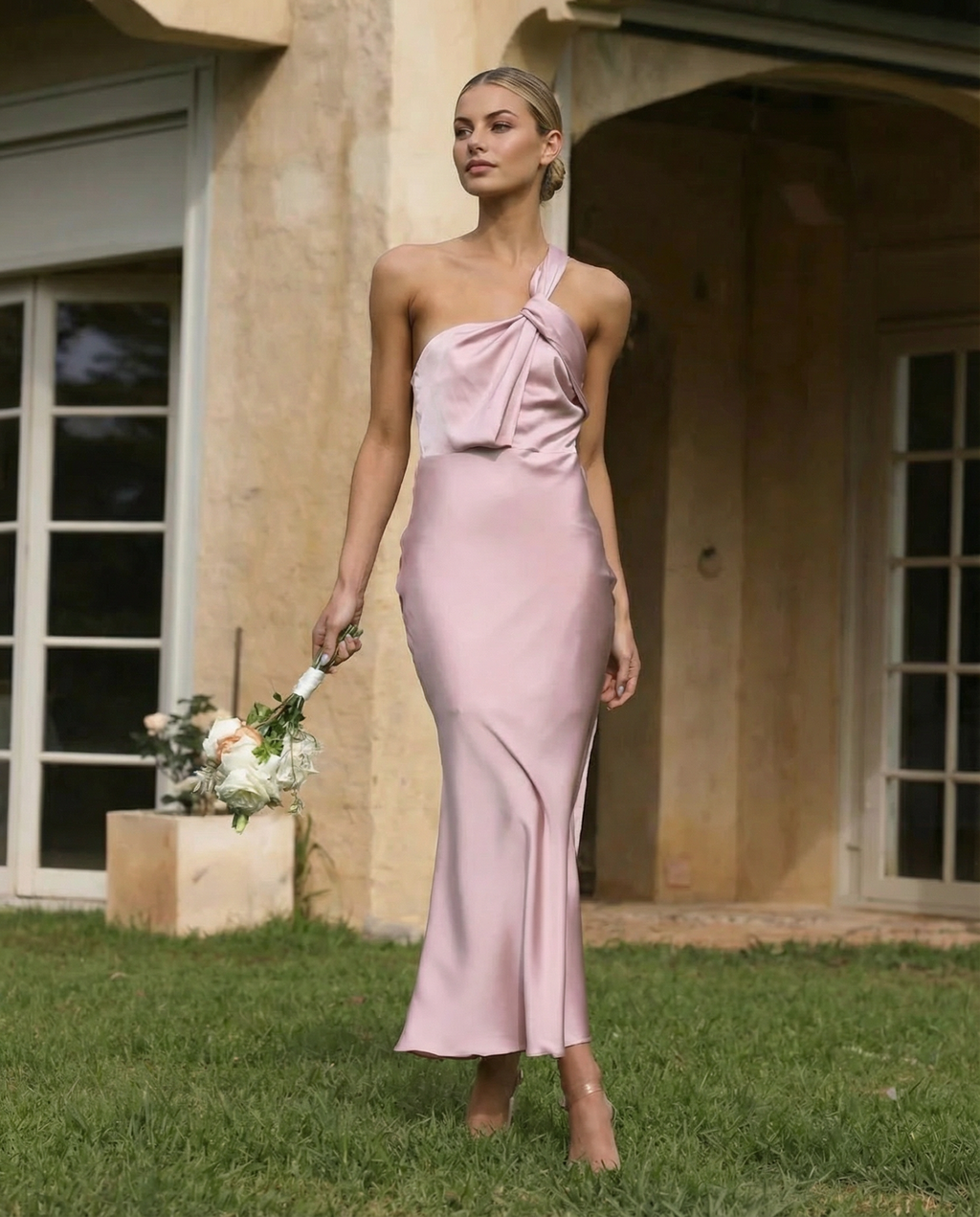 Elegant Satin Dress With One Shoulder Neckline Evening
