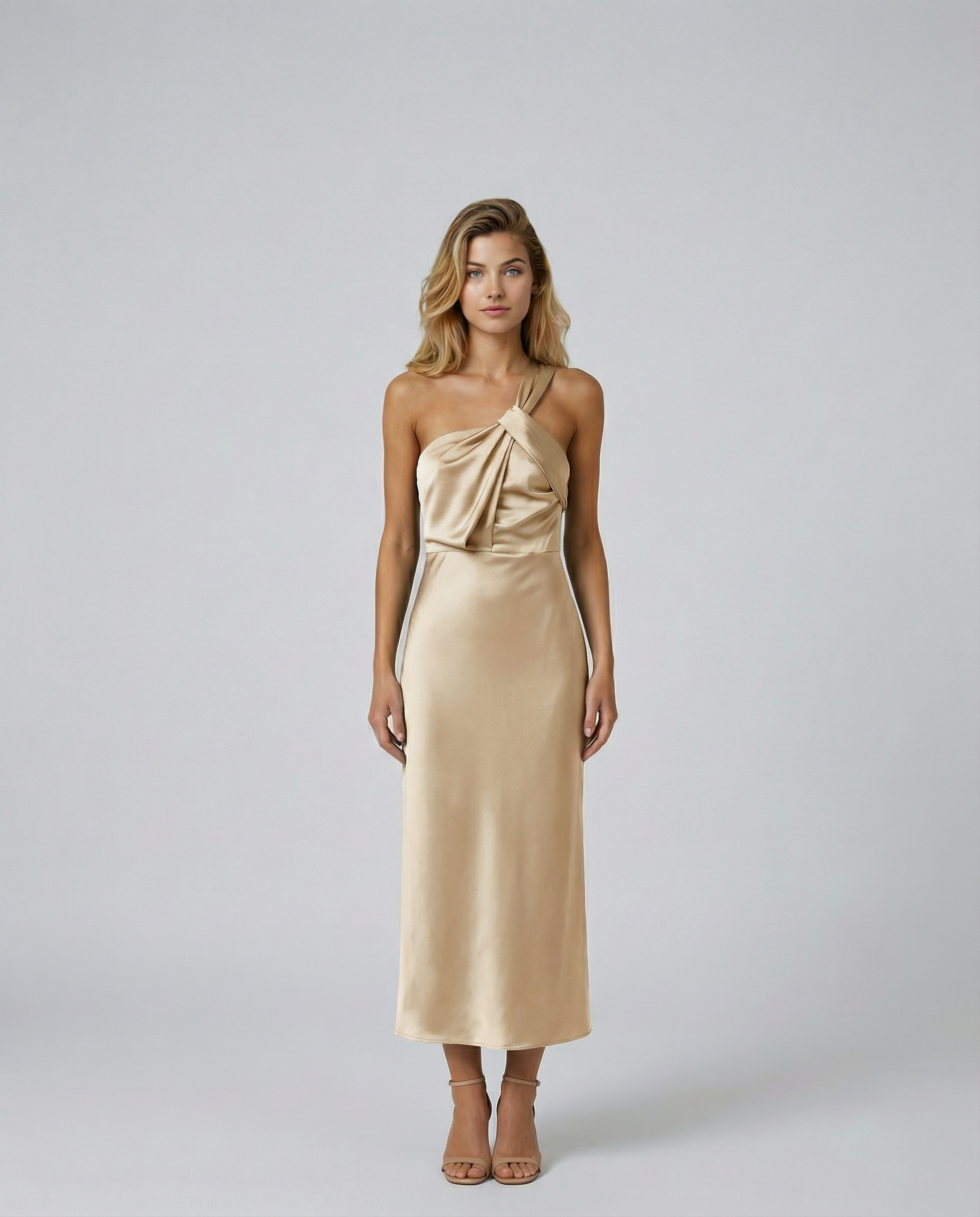 Elegant Satin Dress With One Shoulder Neckline Evening