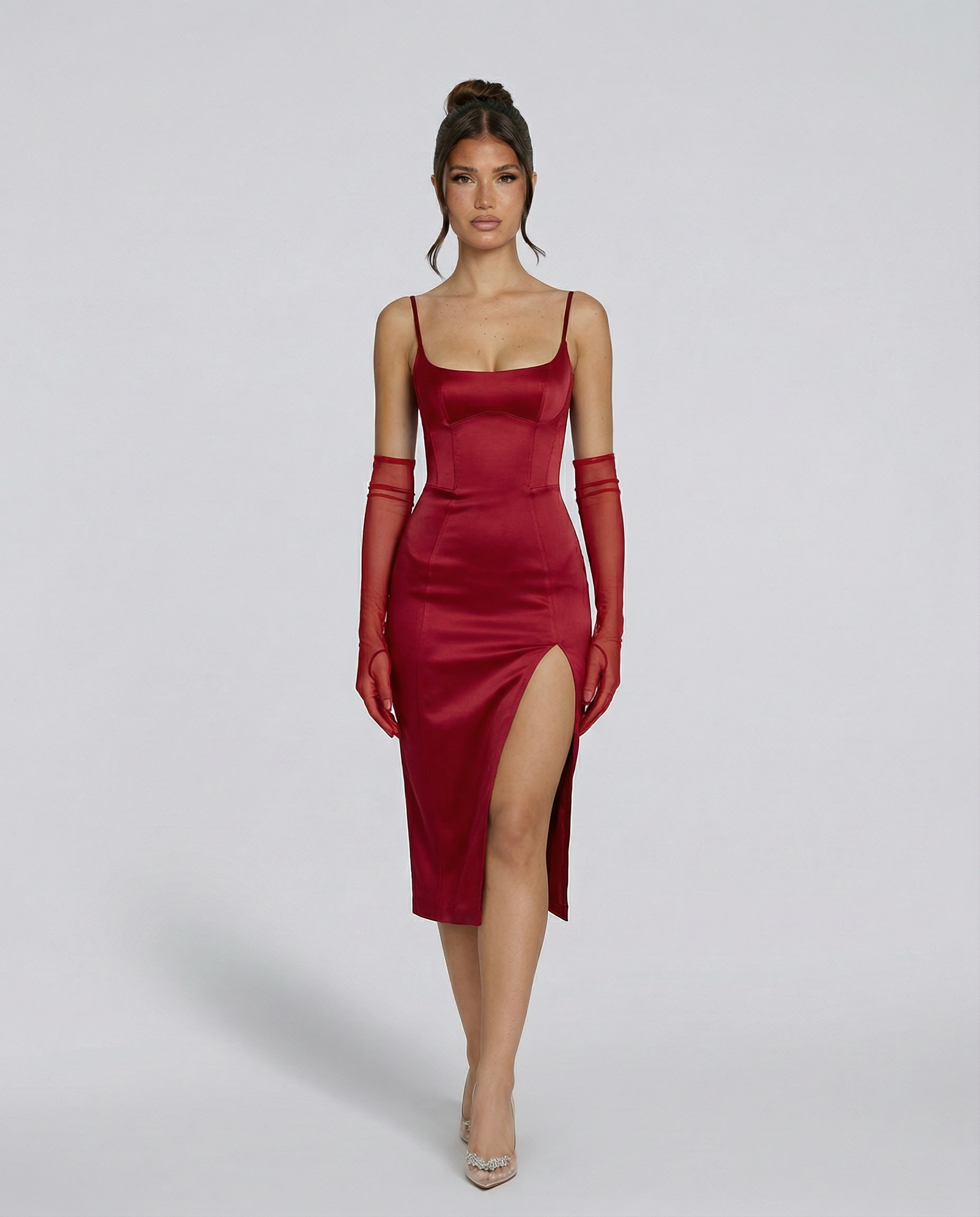 Silky Satin Dress With Square Neck Side Slit Evening
