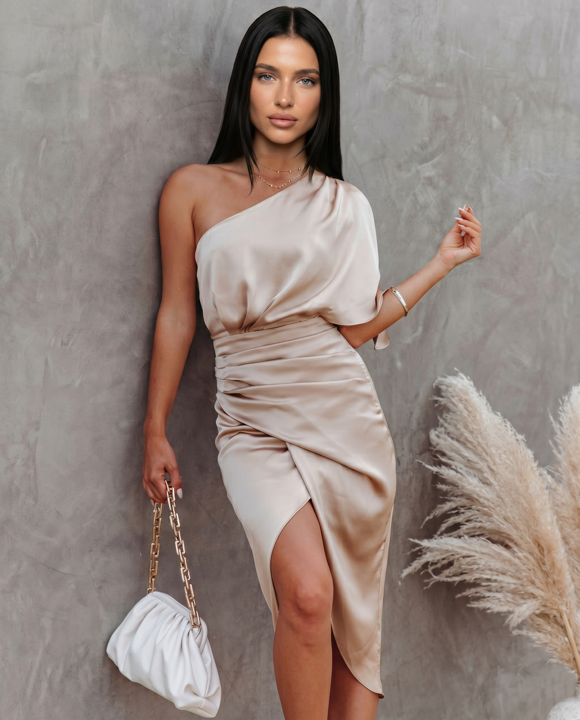 Silky Satin Dress With One-Shoulder Neckline Evening