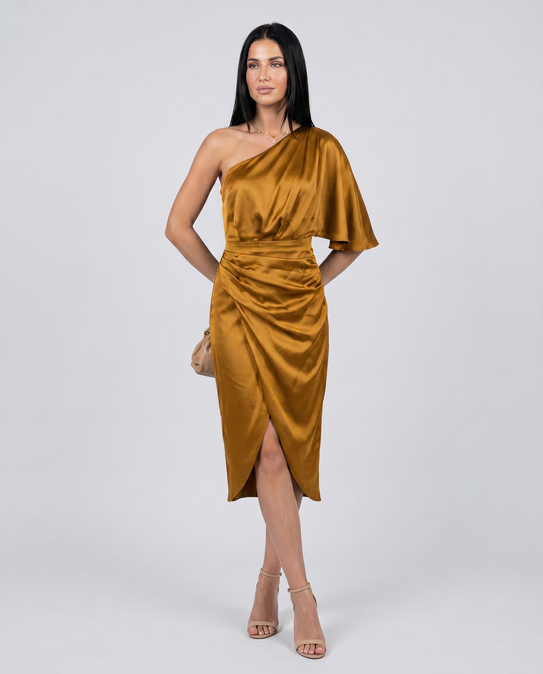 Silky Satin Dress With One-Shoulder Neckline Evening