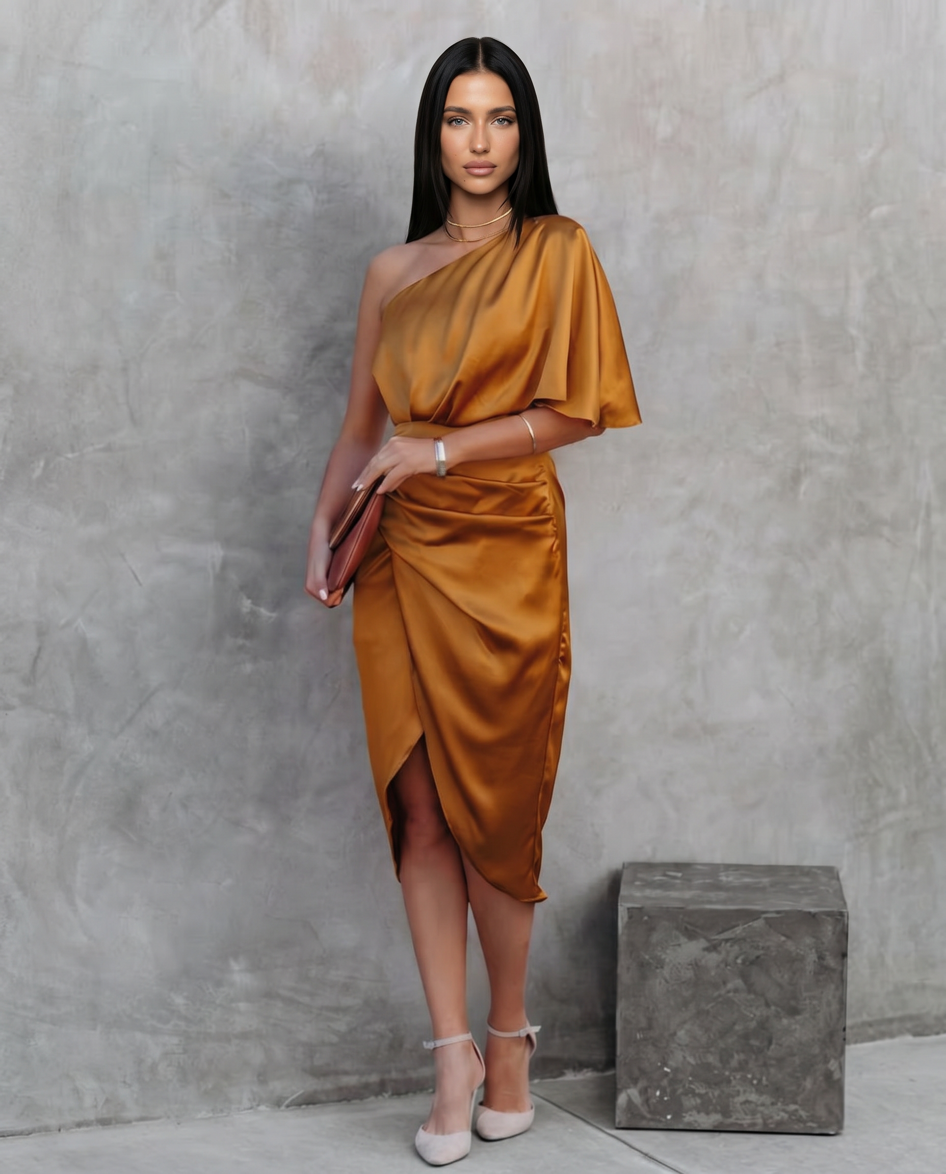 Silky Satin Dress With One-Shoulder Neckline Evening