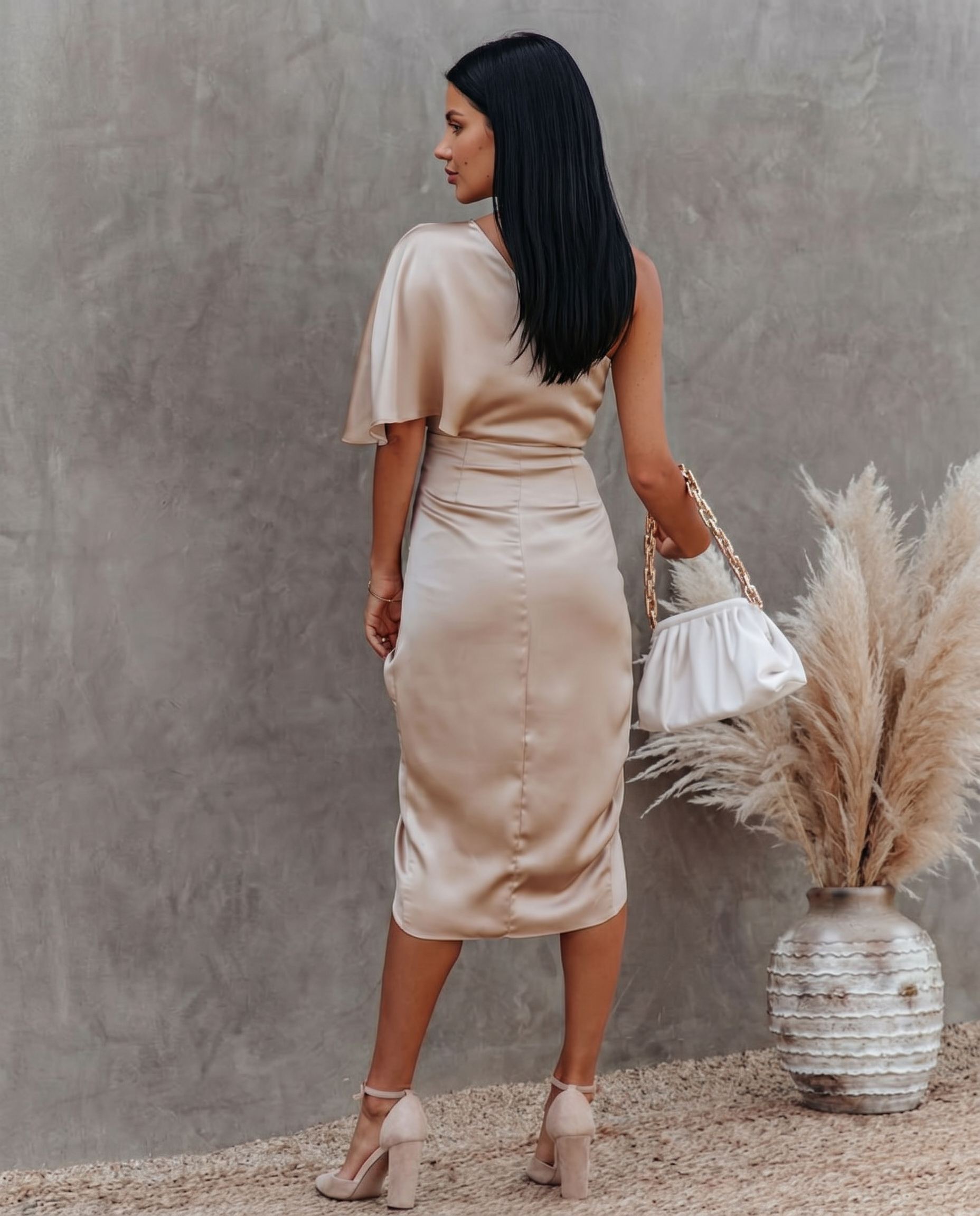 Silky Satin Dress With One-Shoulder Neckline Evening