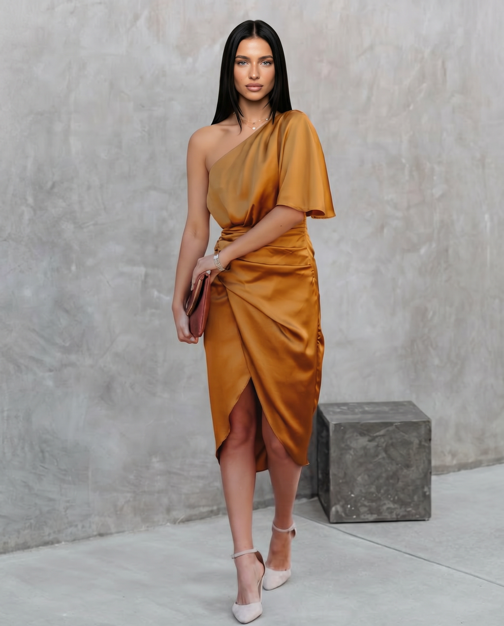Silky Satin Dress With One-Shoulder Neckline Evening