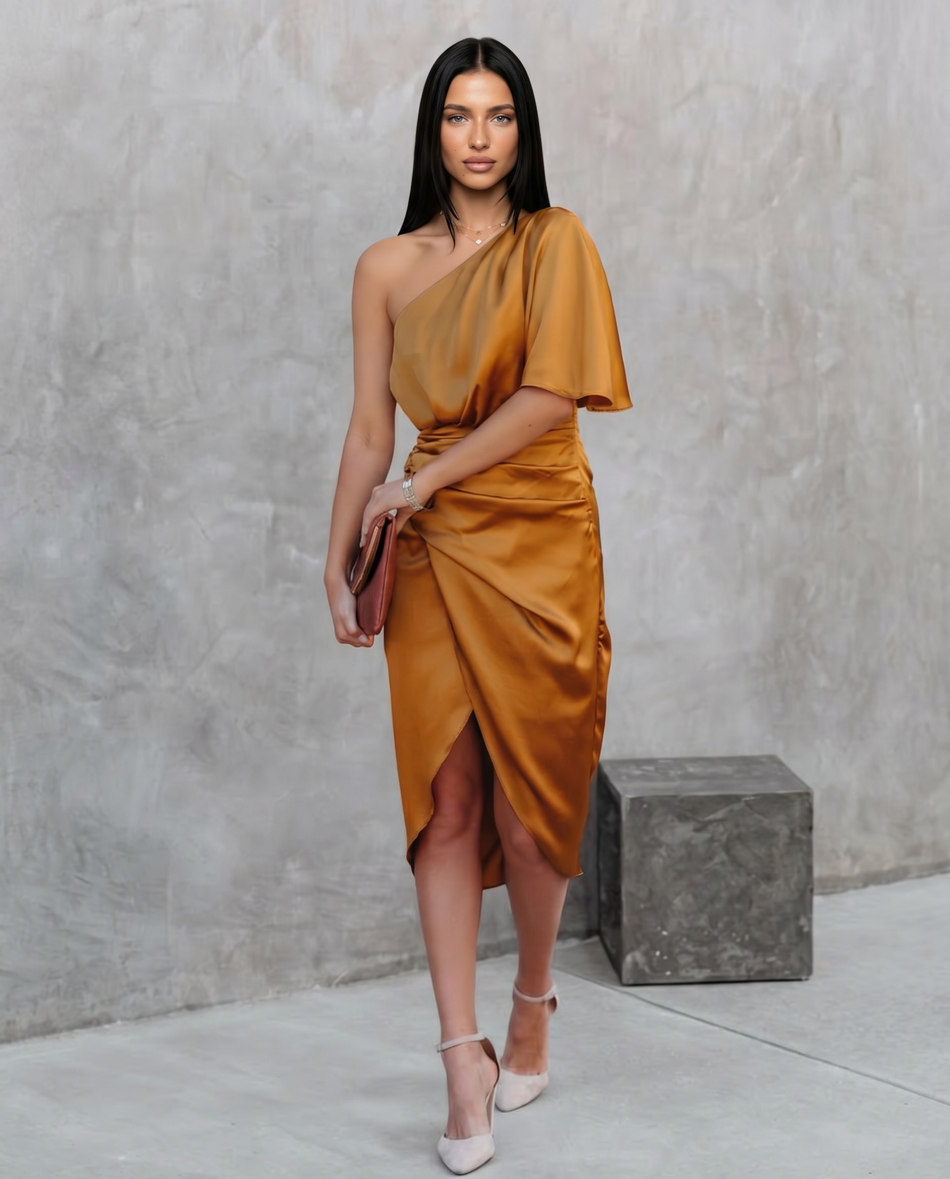 Silky Satin Dress With One-Shoulder Neckline Evening