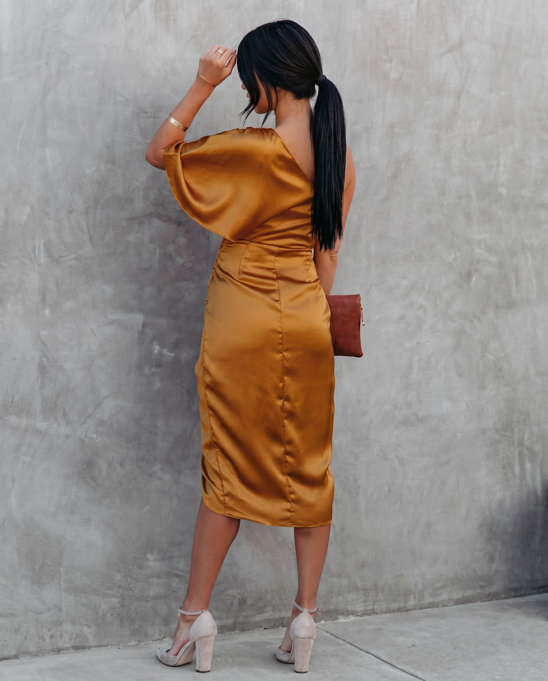 Silky Satin Dress With One-Shoulder Neckline Evening