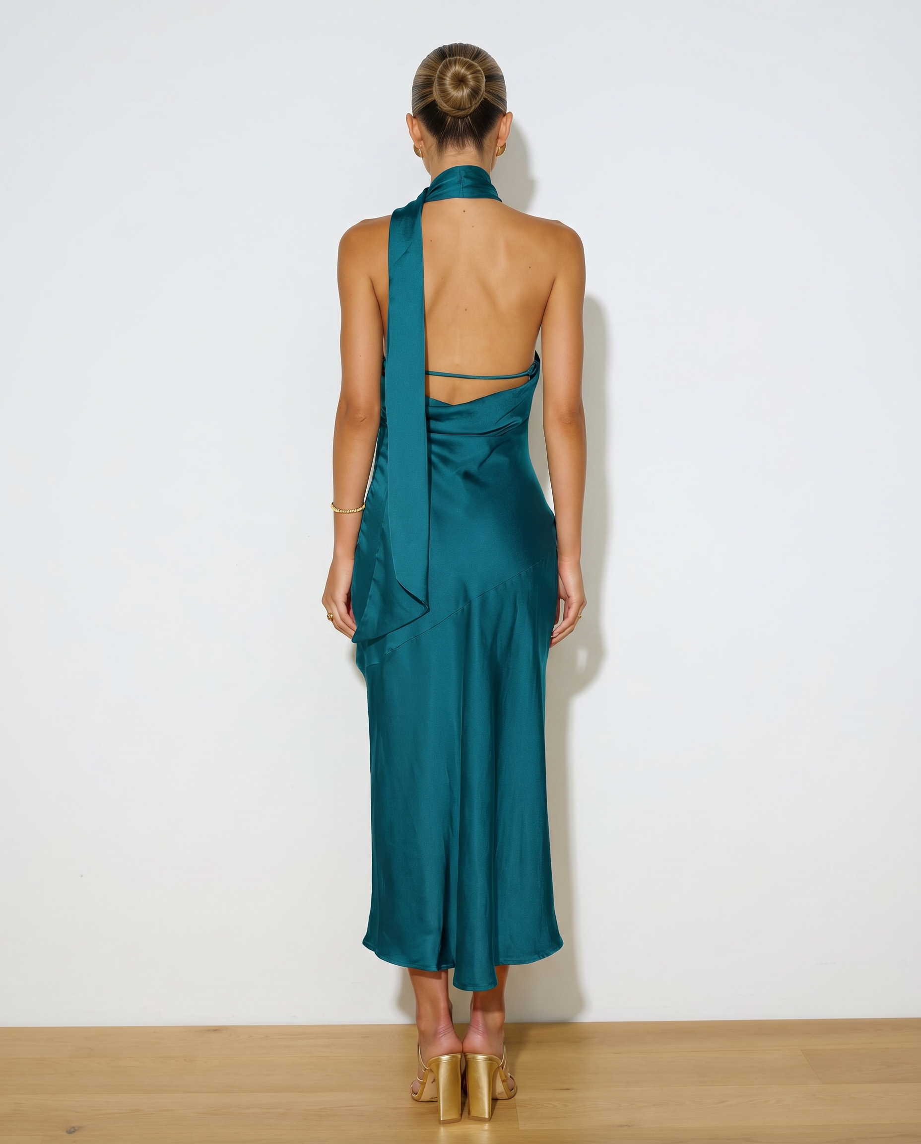 Satin Finish Dress With Halter Neckline Open Back Evening