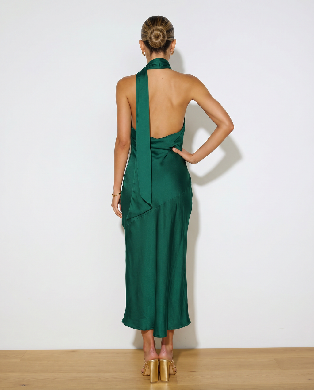 Satin Finish Dress With Halter Neckline Open Back Evening