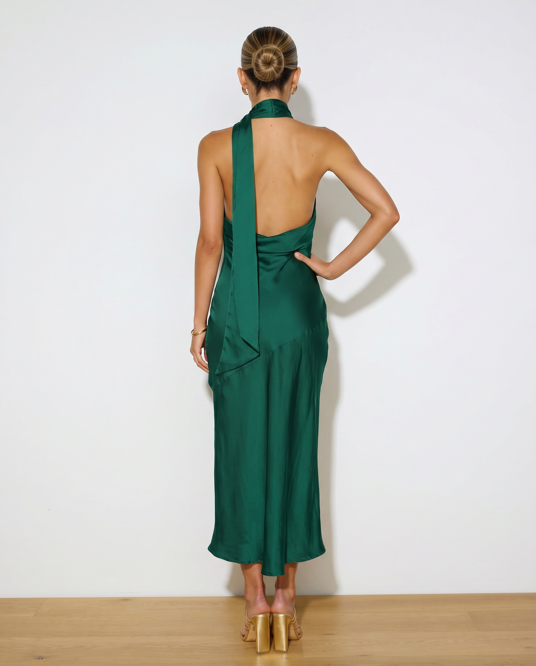 Satin Finish Dress With Halter Neckline Open Back Evening