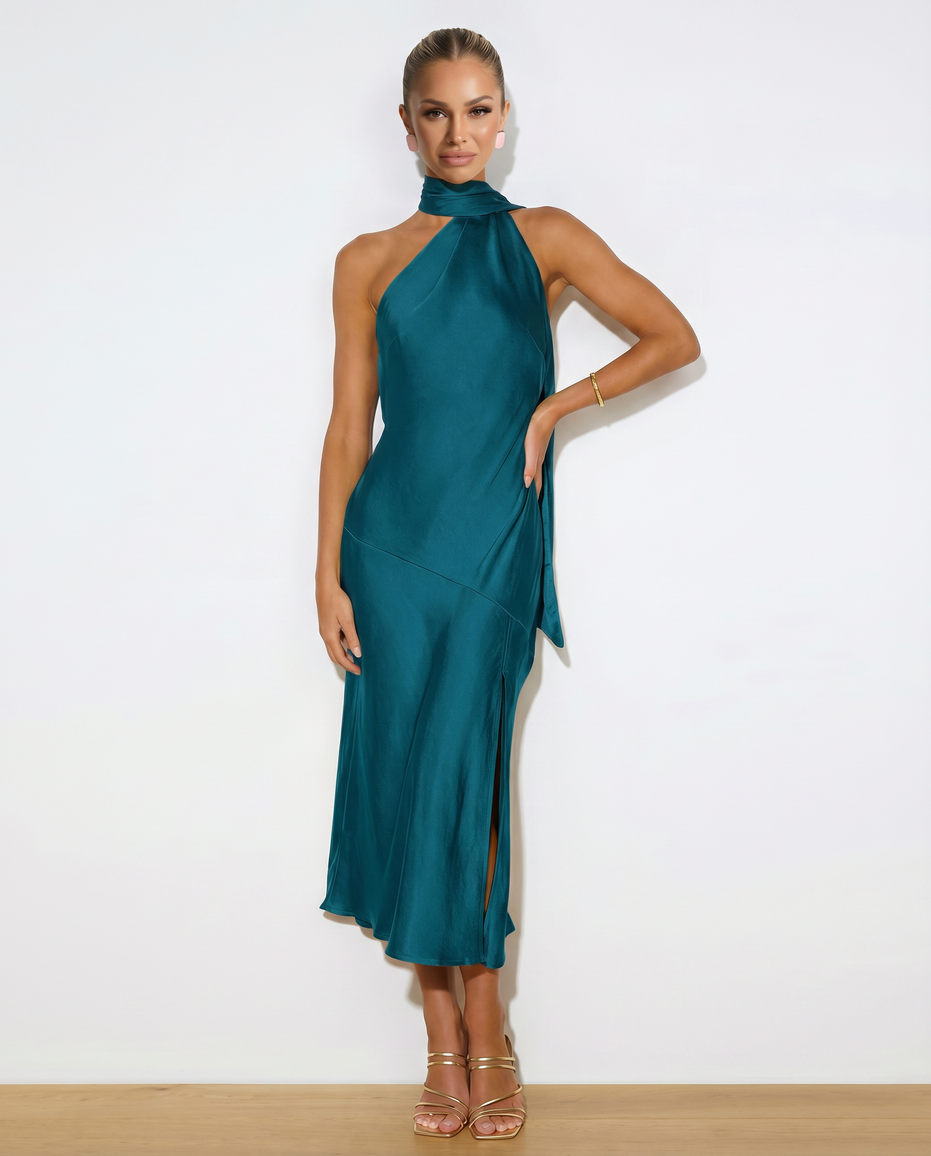 Satin Finish Dress With Halter Neckline Open Back Evening