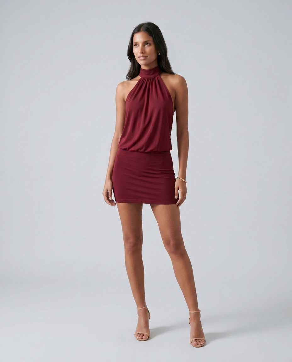 Satin-Look Dress With Halter Neckline Open Back Evening