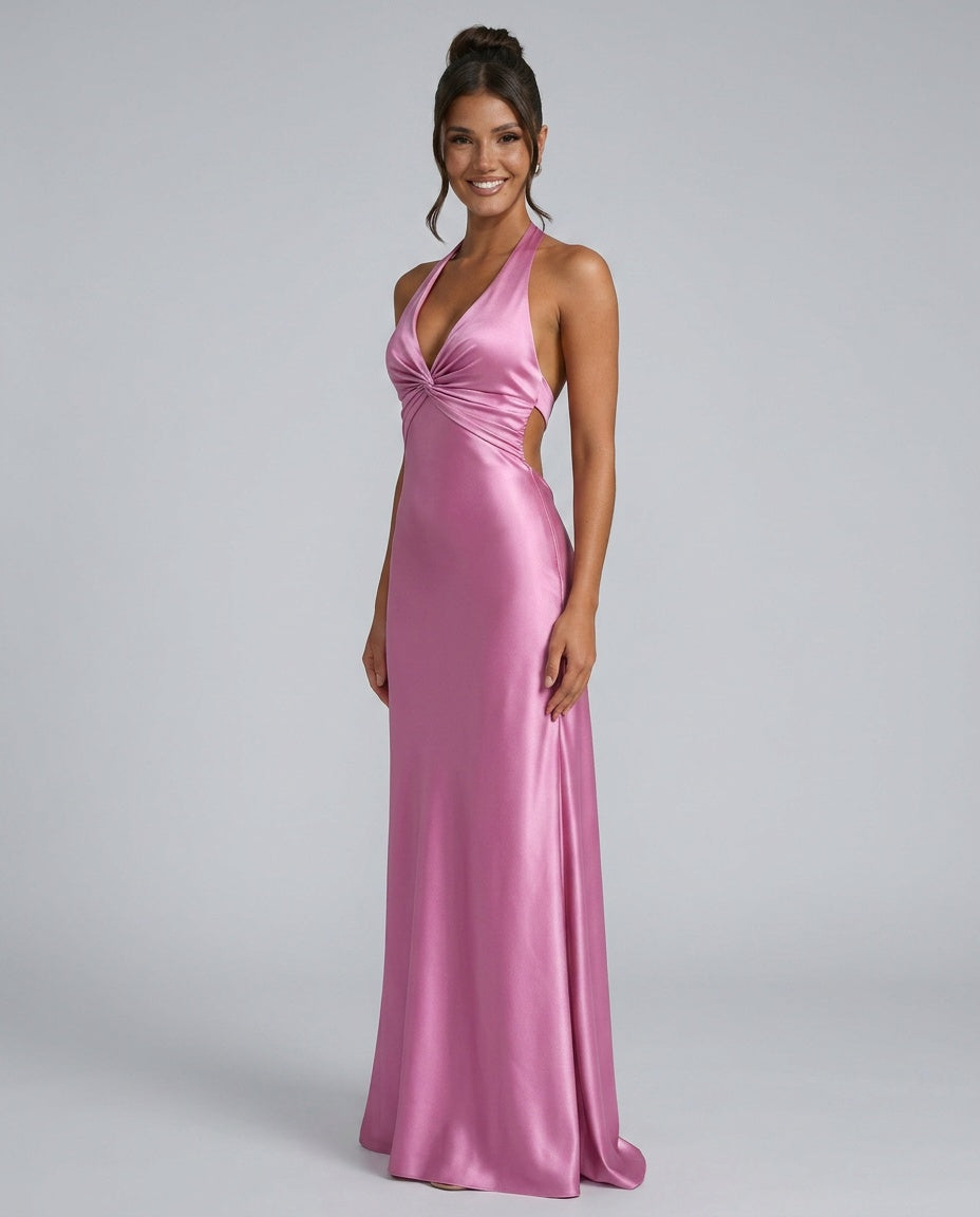 Elegant Satin-Look Dress With Halter Neckline Open Back Evening