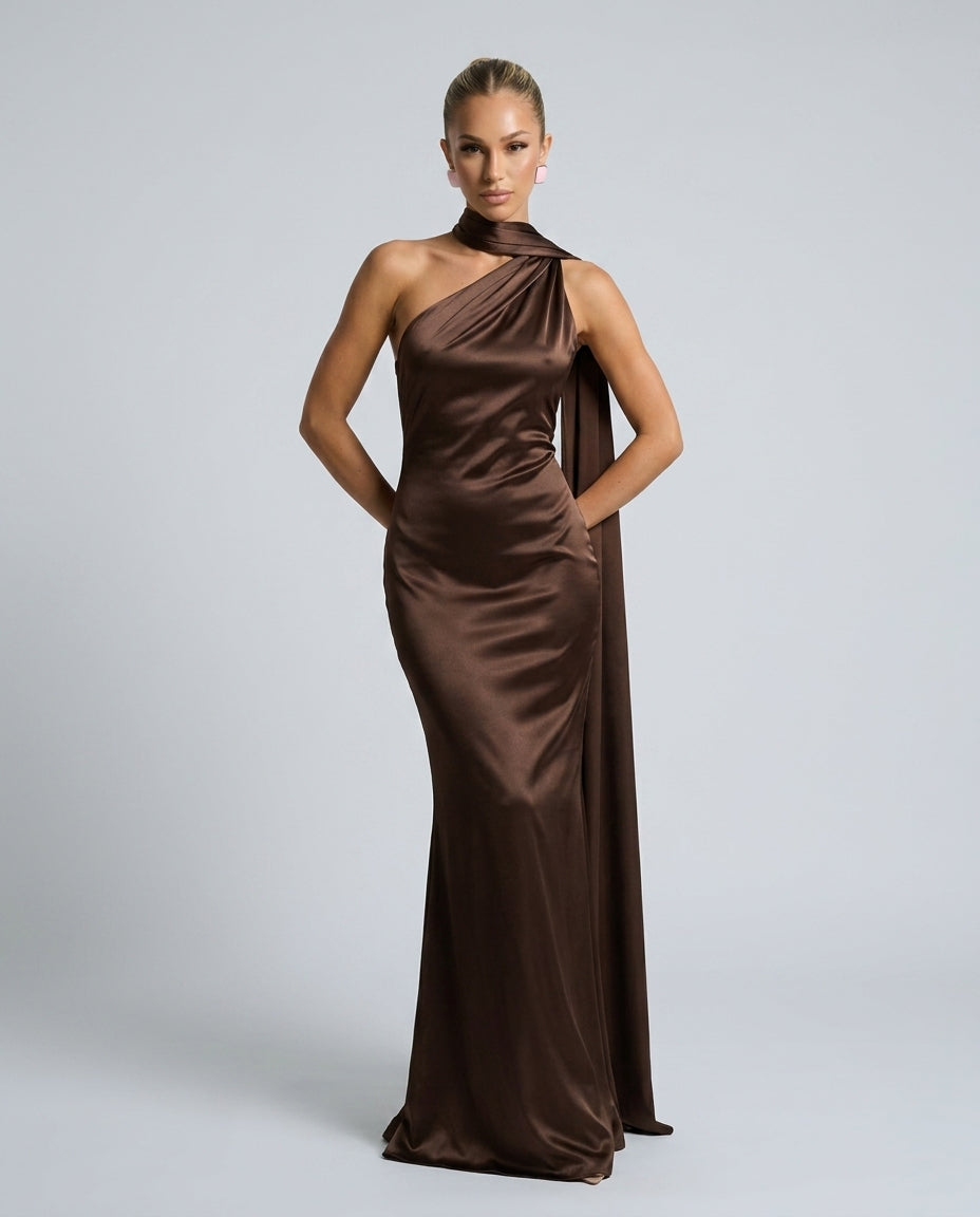 Elegant Satin-Look Dress With One-Shoulder Neckline Asymmetric Hem Evening