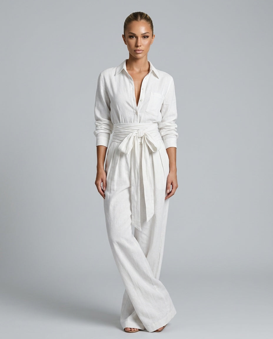 Lace Shirt With Shirt Collar Neckline Belted Occasion Wear