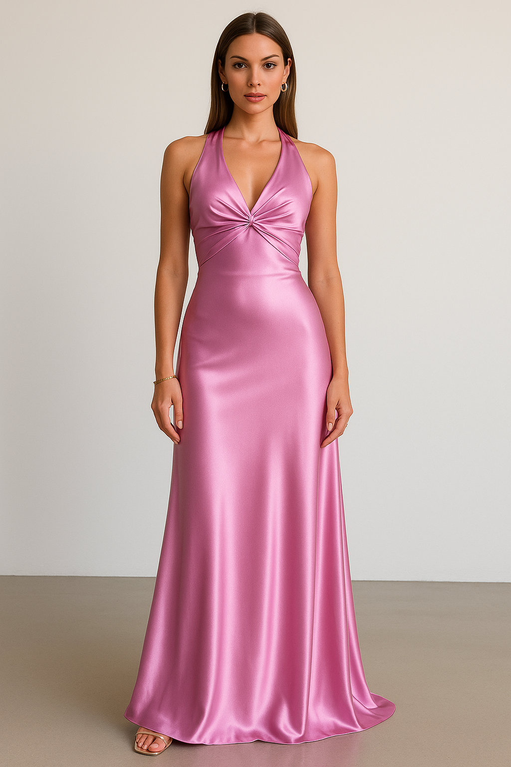 Elegant Satin-Look Dress With Halter Neckline Open Back Evening